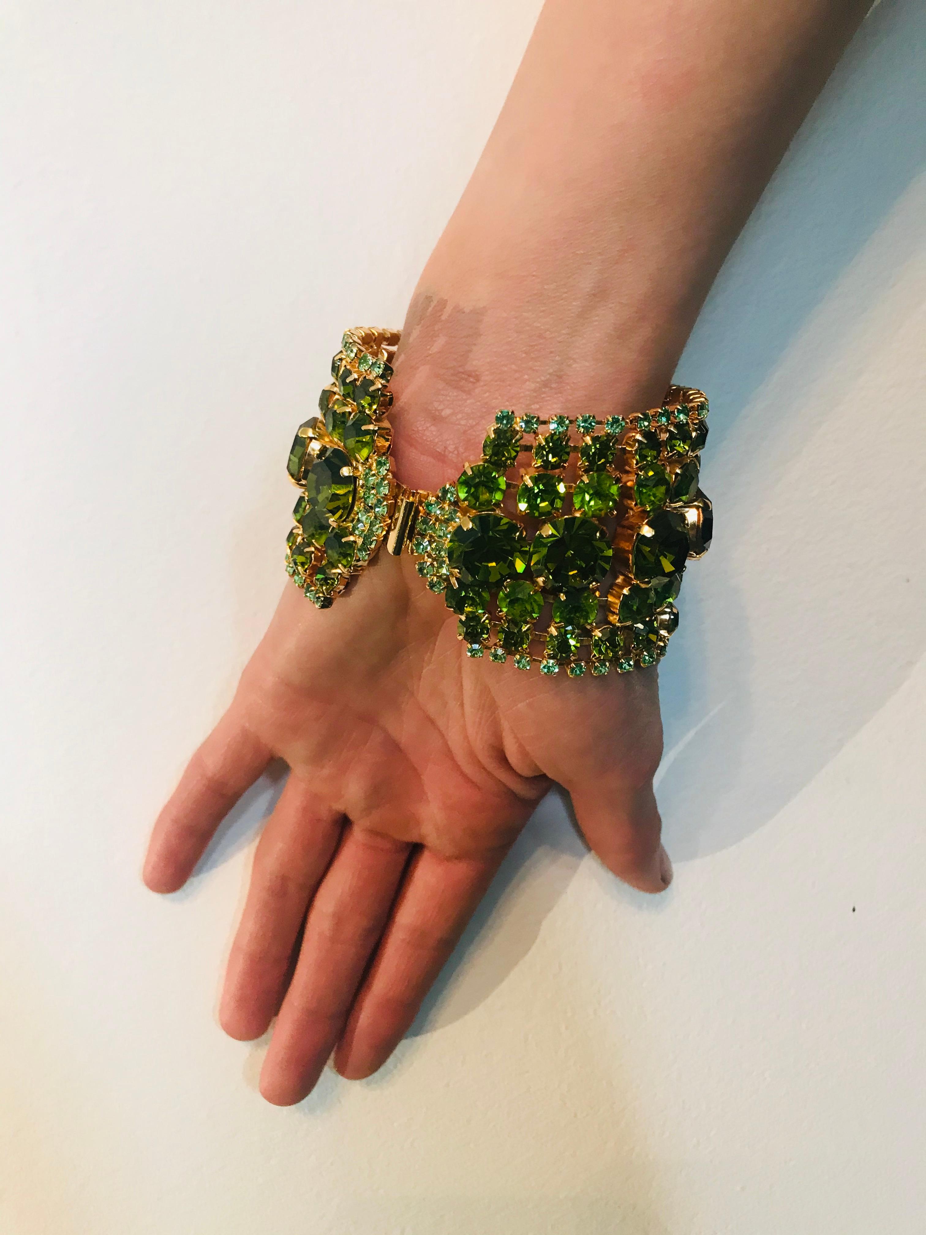 Peridot and Olivine Austrian Crystal Flex Cuff Bracelet For Sale 3