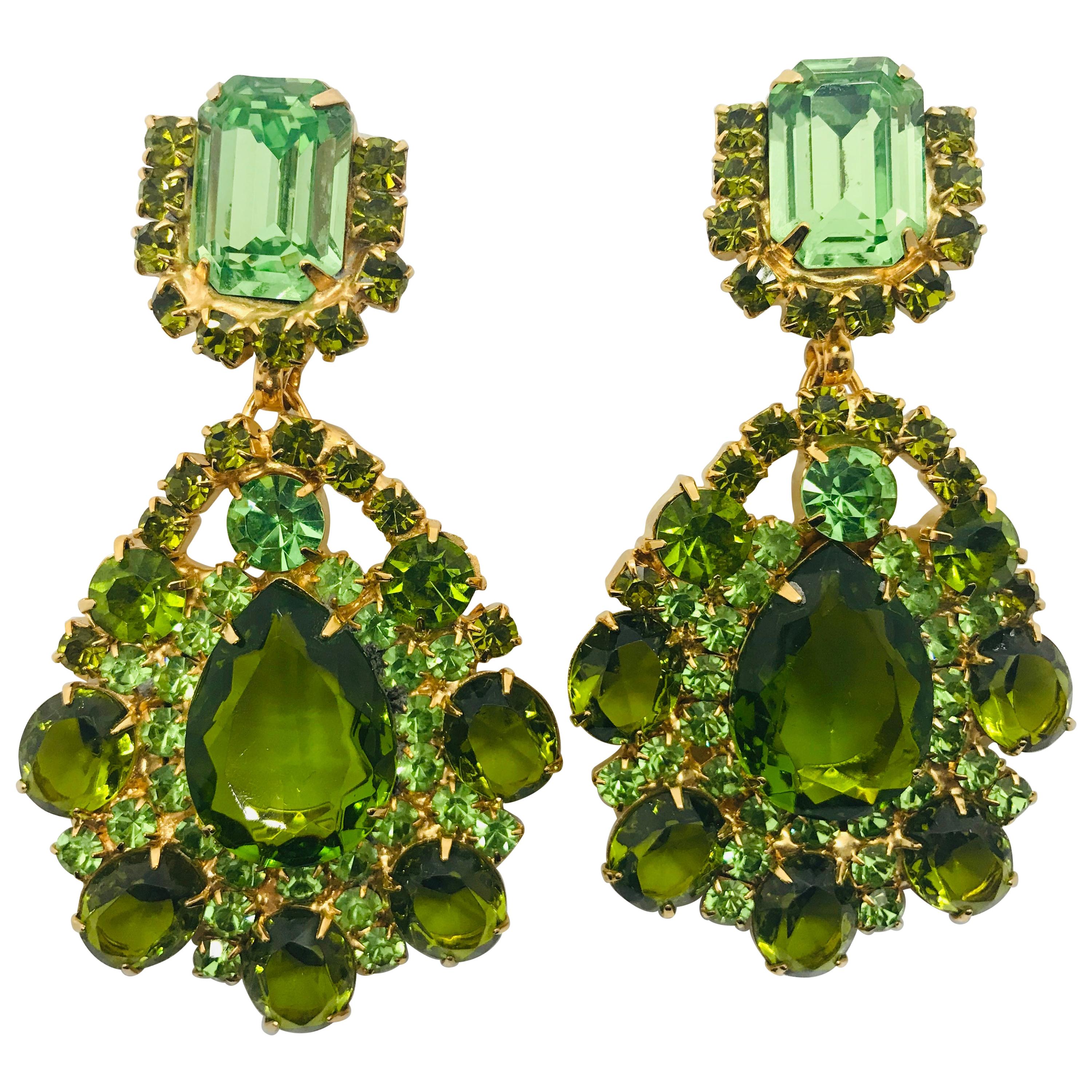 Peridot and Olivine Austrian Crystal Pendant Drop Clip Earrings For Sale