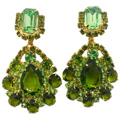 Peridot and Olivine Austrian Crystal Pendant Drop Clip Earrings