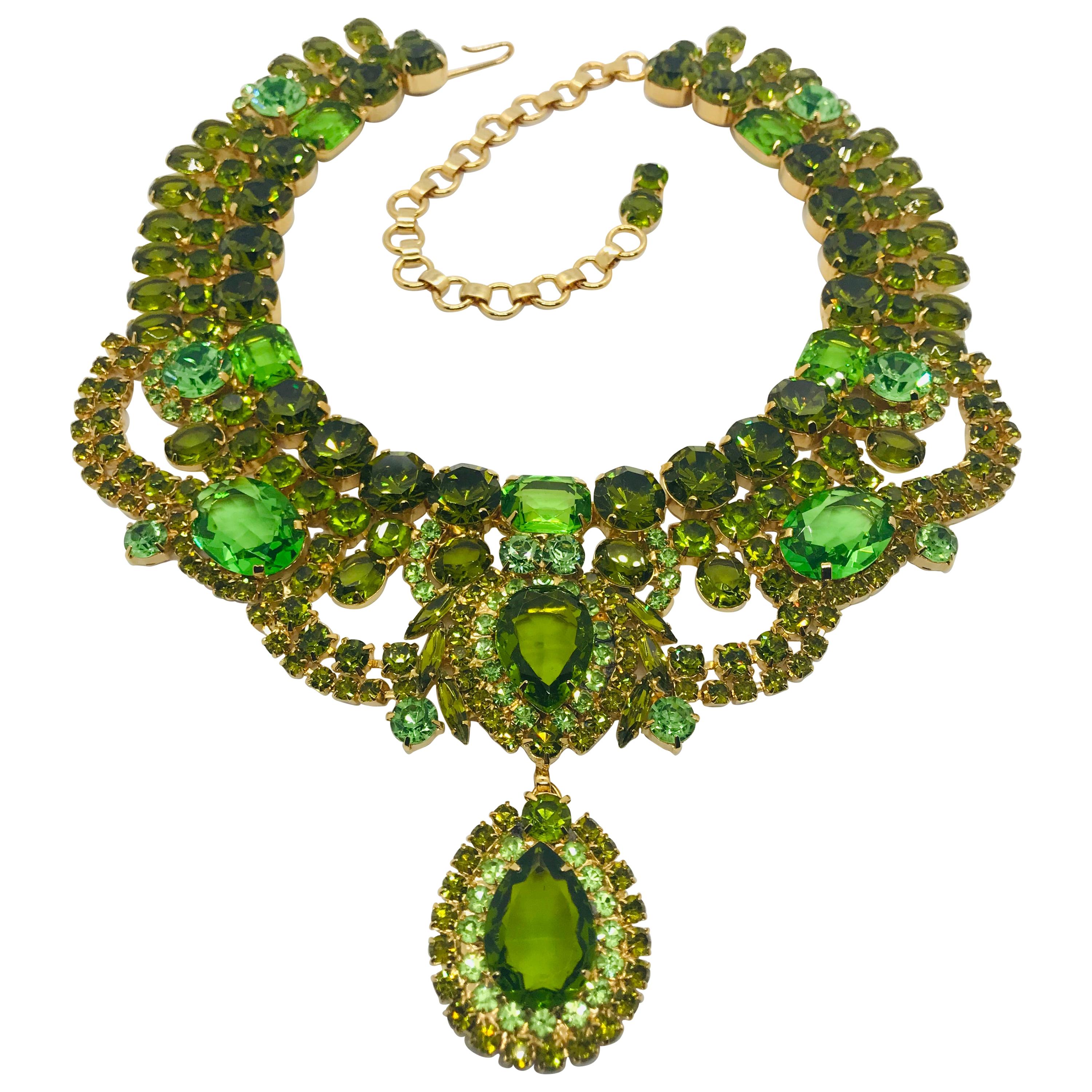 Peridot and Olivine Austrian Crystal Swag Collar Necklace with Drop For Sale