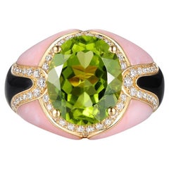 Peridot and Onxy Diamond Cocktail Ring in 18K Yellow Gold