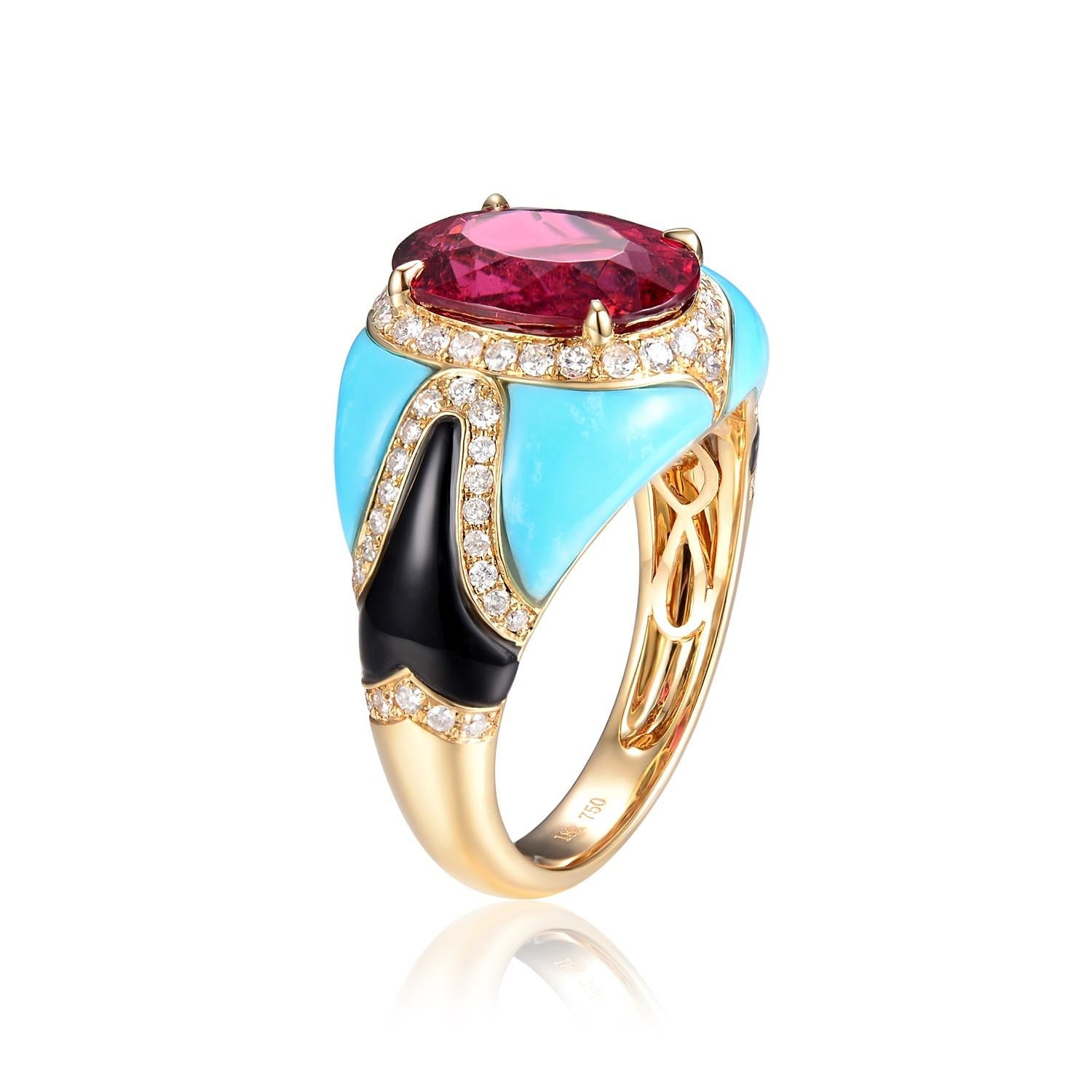 Der Peridot- und Onyx-Diamant-Kuppelring ist eine luxuriöse Verkörperung von Handwerkskunst und Rarität, sorgfältig entworfen für eine Aura der Eleganz. Geschmiedet in der Wärme von 18 Karat Gelbgold, präsentiert dieser Ring eine harmonische