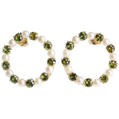 Vintage Peridot and Pearl Gold Hoop Earrings