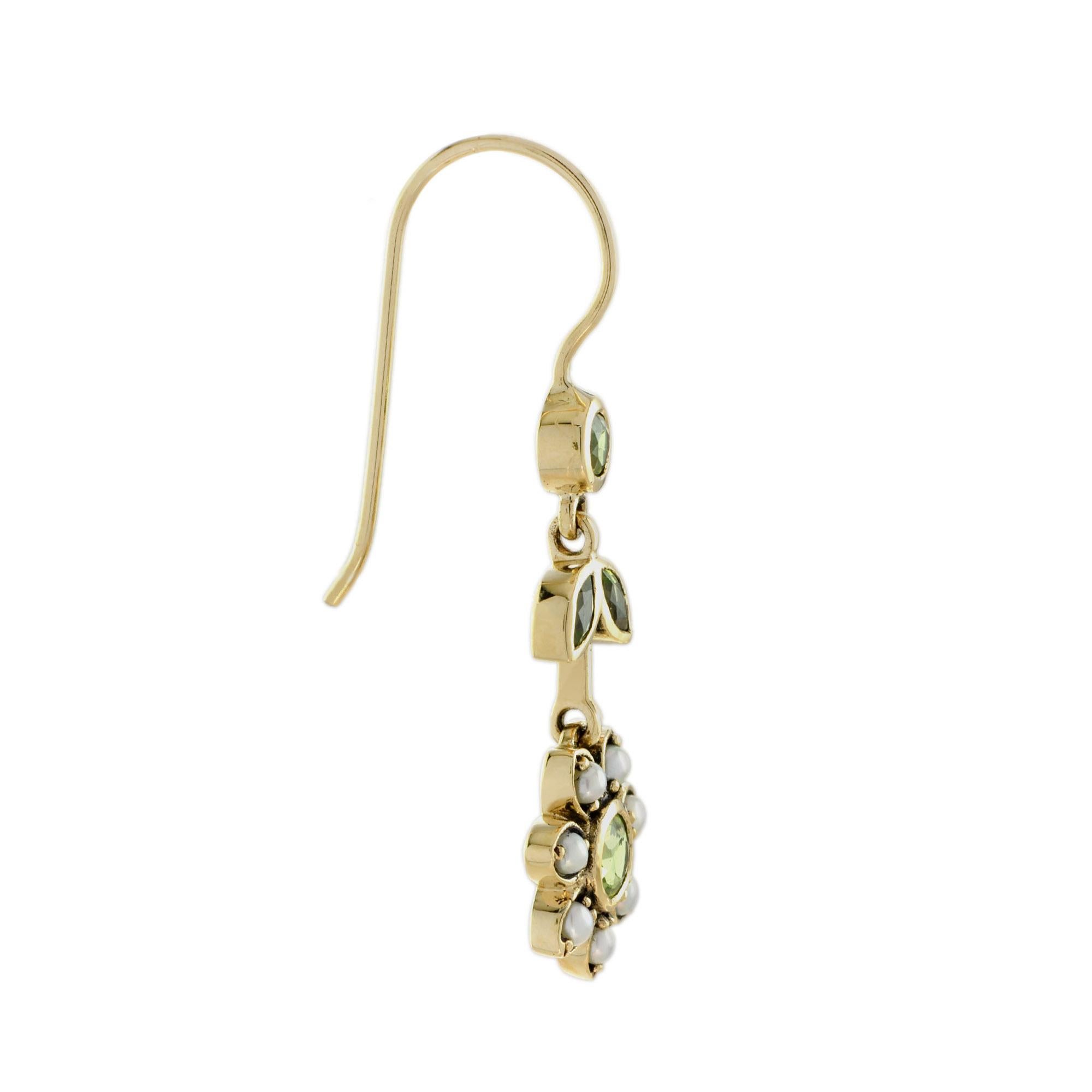 Beautifully and finely detailed vintage style peridot and pearl drop earrings set with total of 1.25 carat peridot and 1.6 carat pearl crafted in 9k yellow gold. A perfect complement to every wardrobe. 

Earrings Information
Metal: 9K Yellow Gold