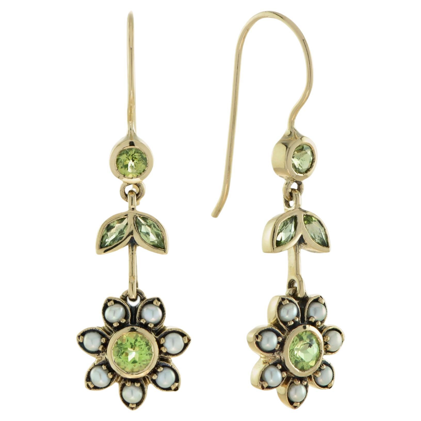 Peridot and Pearl Vintage Style Floral Drop Earrings in 9k Yellow Gold For Sale
