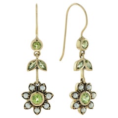 Peridot und Perle Vintage Style Floral Tropfen Ohrringe in 9k Gelbgold