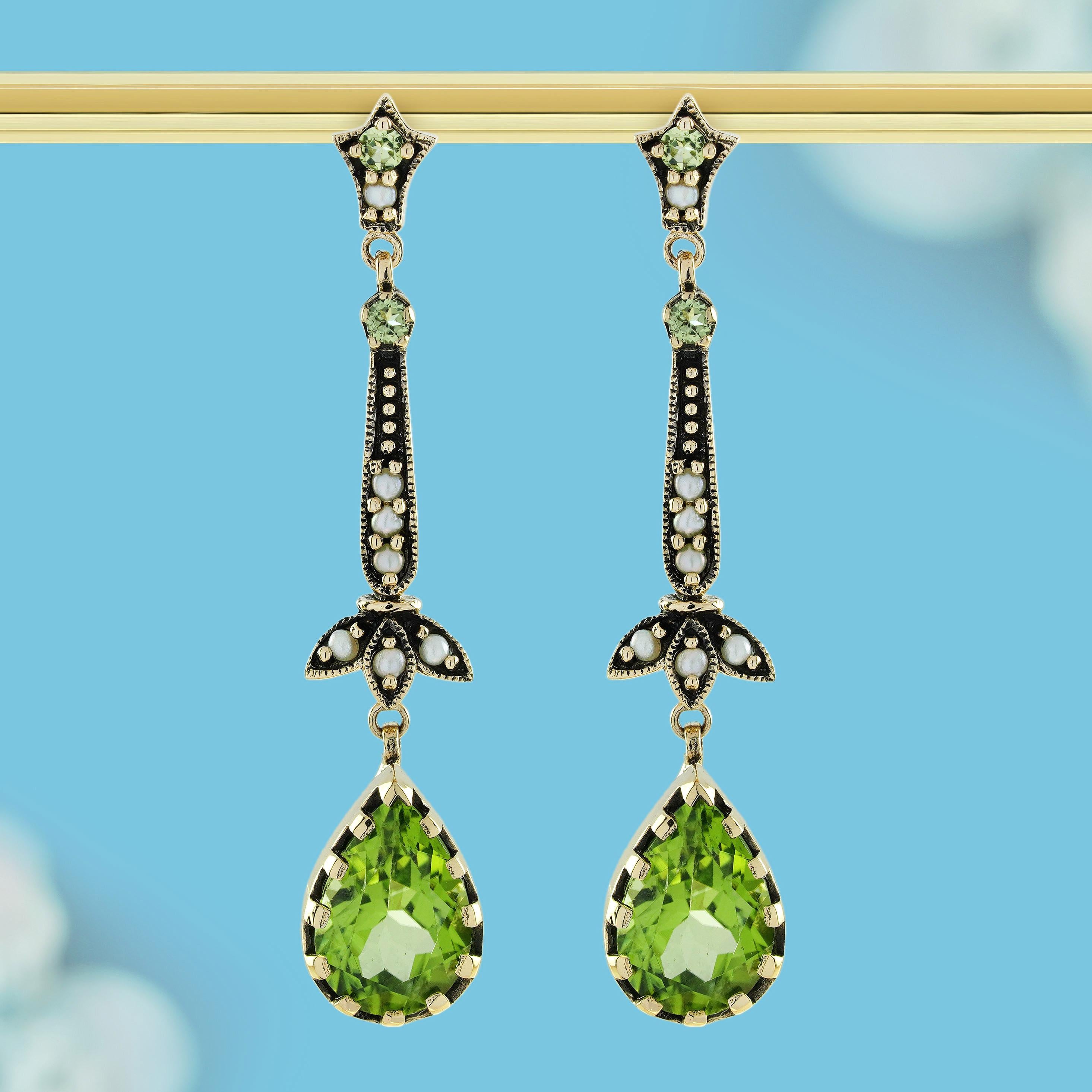A graceful blend of nature's elegance and vintage charm. At the heart of each earring, the vibrant drop green peridots symbolize growth and renewal, their fresh hue evoking the beauty of a sunlit garden. Lustrous pearls add a touch of purity and