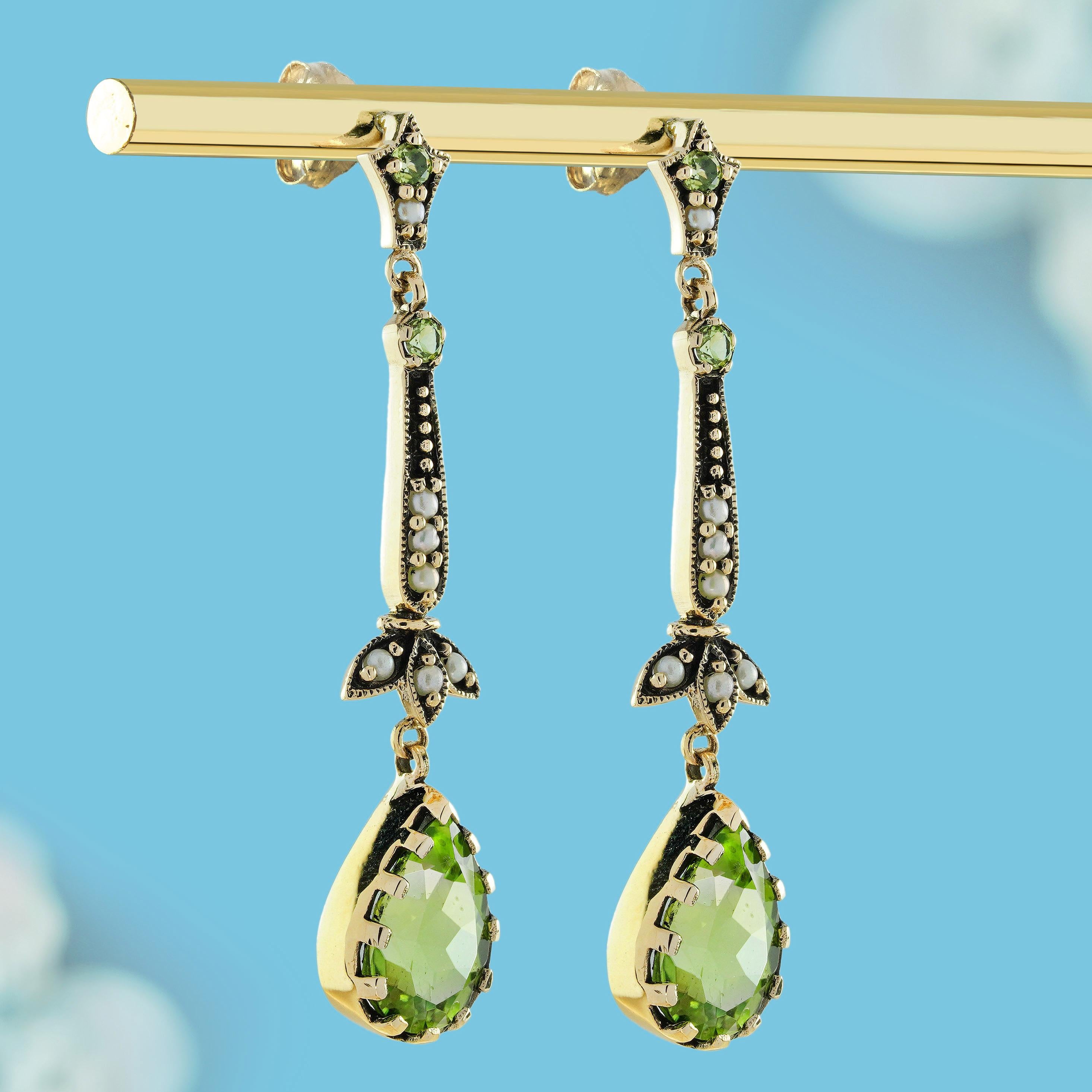Edwardian Peridot and Pearl  Vintage Style Floral Earrings in 9K Yellow Gold For Sale