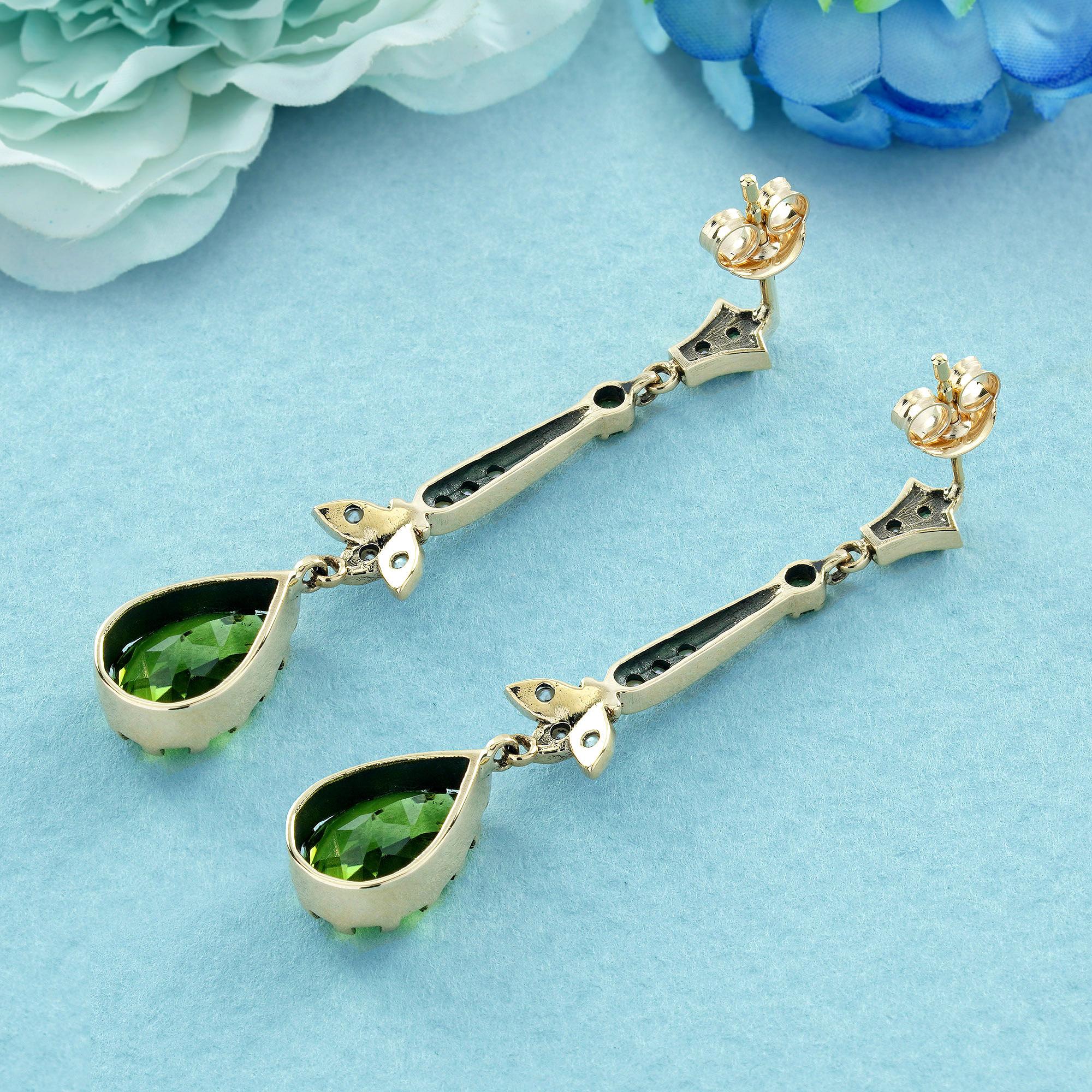 Pear Cut Peridot and Pearl  Vintage Style Floral Earrings in 9K Yellow Gold For Sale