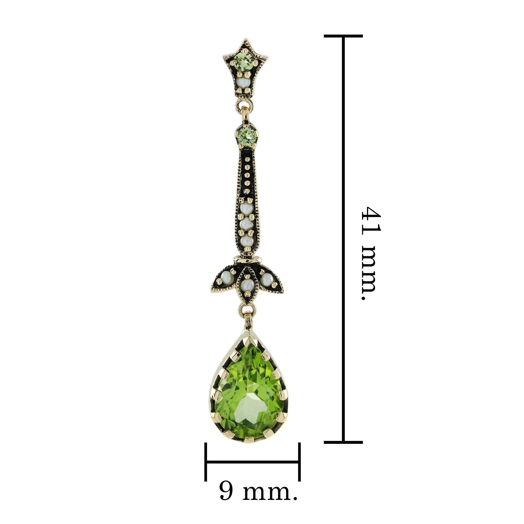 Peridot and Pearl  Vintage Style Floral Earrings in 9K Yellow Gold In New Condition For Sale In Bangkok, TH
