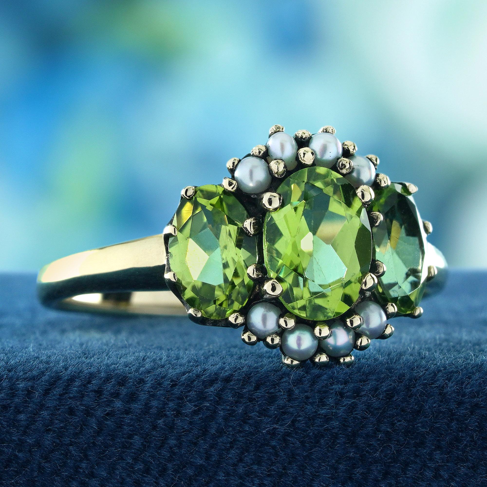 Edwardian Peridot and Pearl Vintage Style  Three Stone Ring in Solid 9K Yellow Gold For Sale