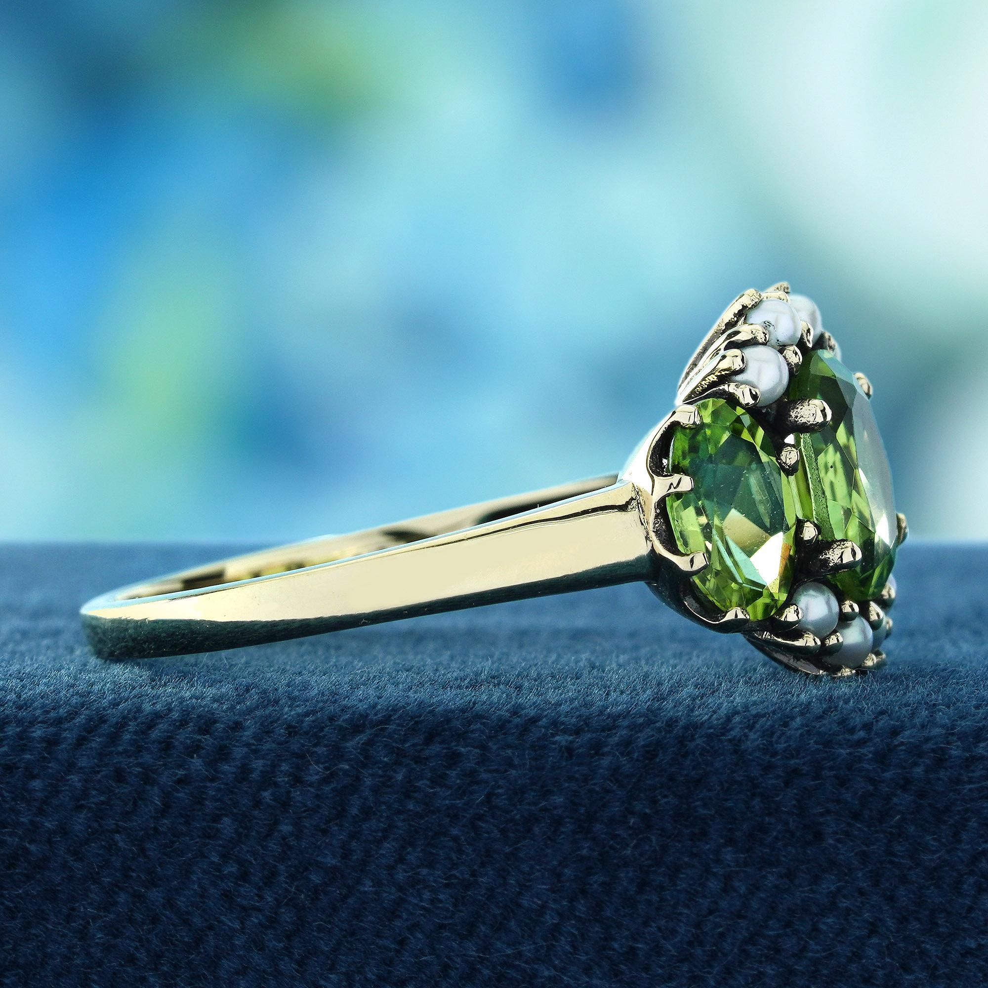 Oval Cut Peridot and Pearl Vintage Style  Three Stone Ring in Solid 9K Yellow Gold For Sale