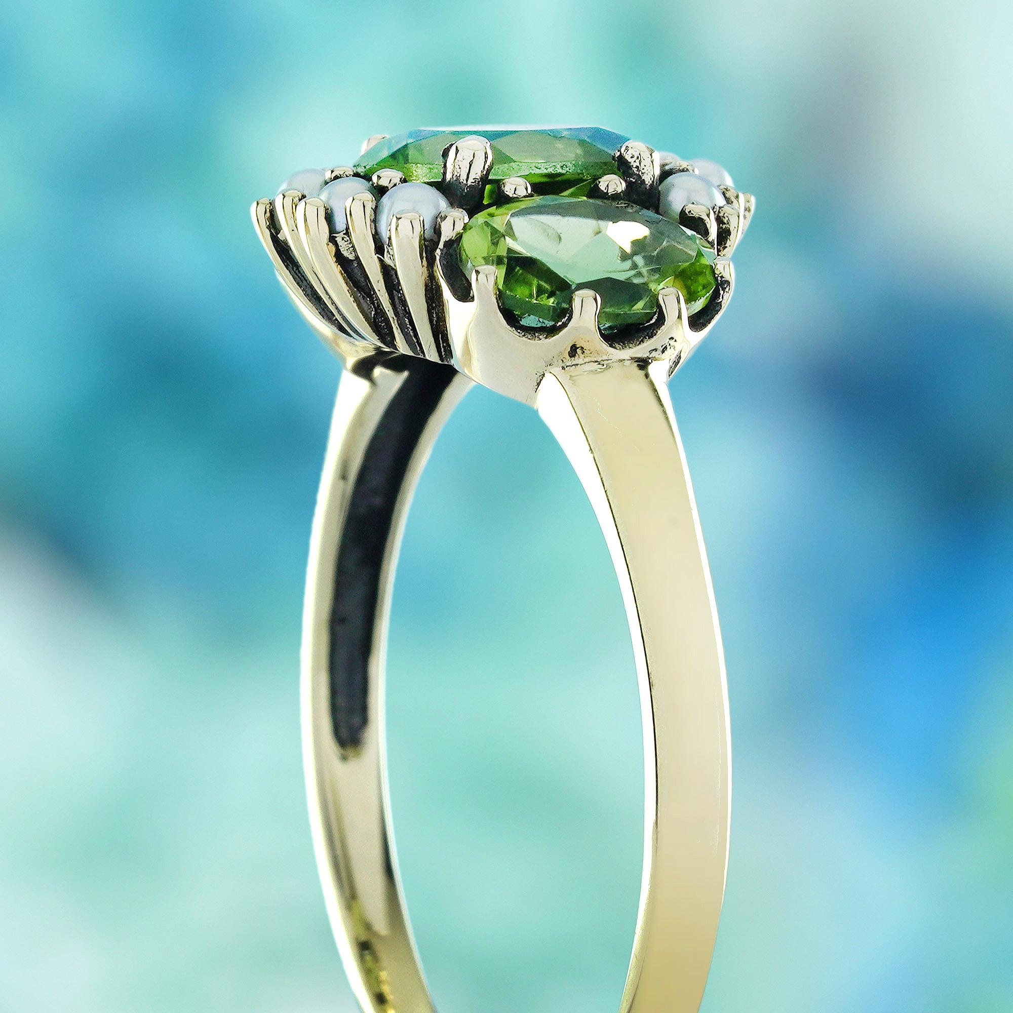 Women's Peridot and Pearl Vintage Style  Three Stone Ring in Solid 9K Yellow Gold For Sale