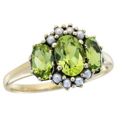 Peridot and Pearl Vintage Style  Three Stone Ring in Solid 9K Yellow Gold