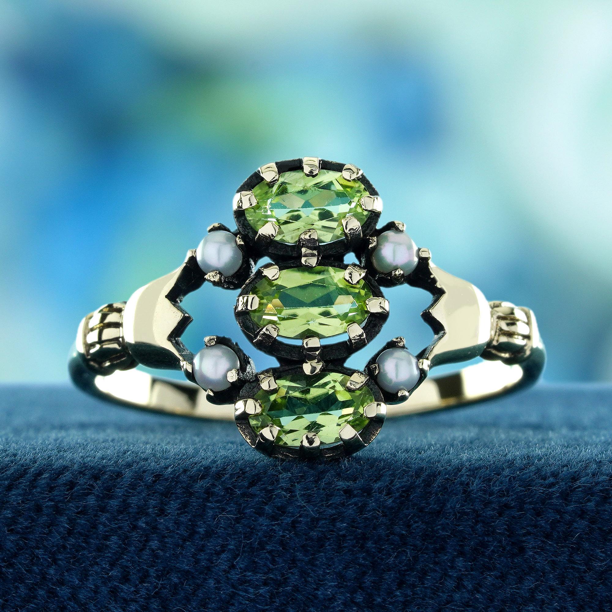 This Natural Peridot and Pearl Vintage Style Three Stones Ring features a stunning combination of vibrant peridot and luminous pearls. The central peridot stone is flanked by two glowing pearls, while a fourth gemstone at the corner adds balance and