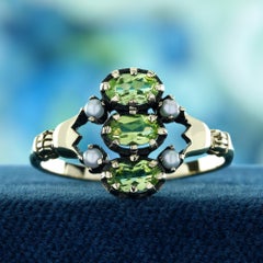Peridot and Pearl Vintage Style Three Stones Ring in Solid 9K Yellow Gold