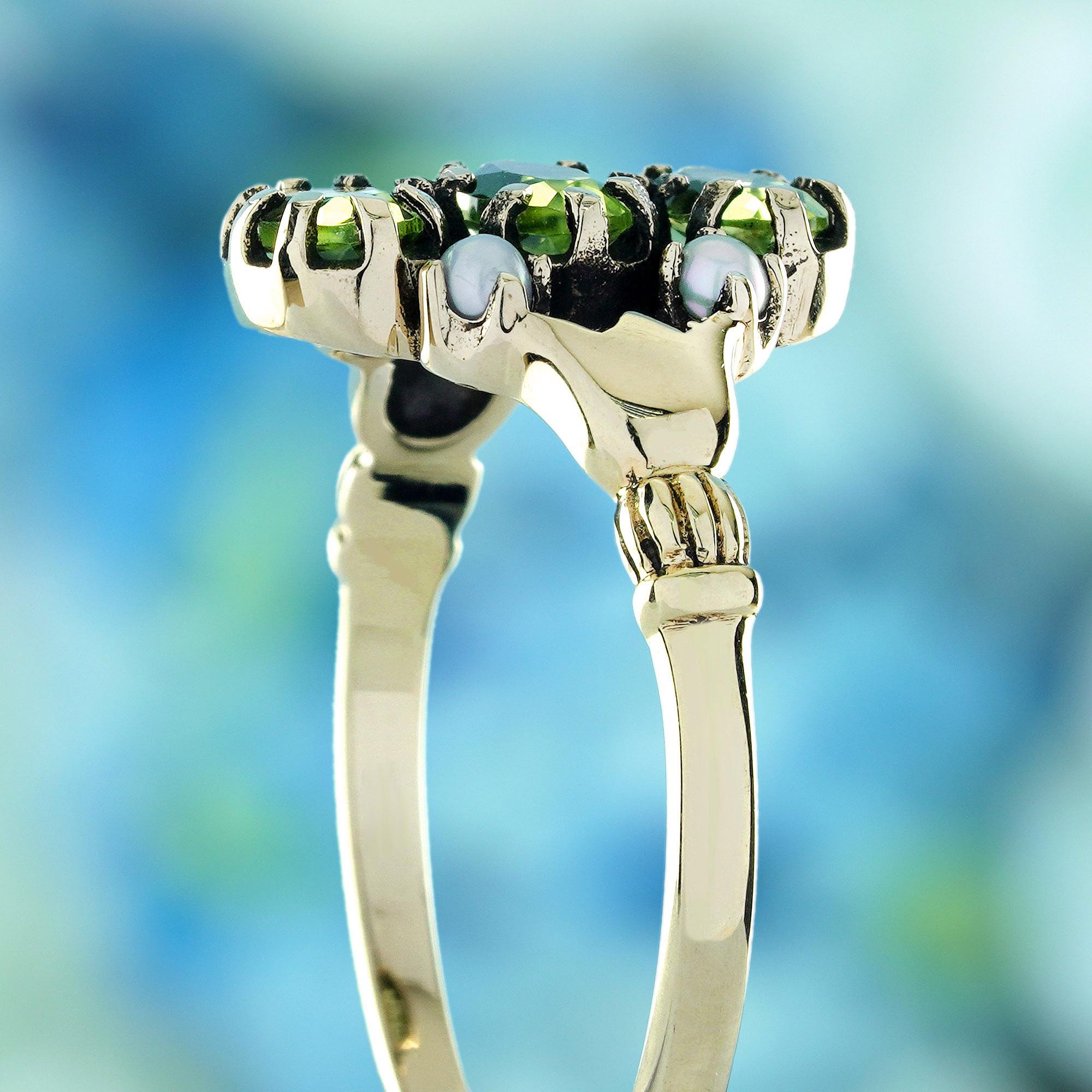Women's Peridot and Pearl Vintage Style Three Stones Ring in Solid 9K Yellow Gold For Sale