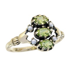 Peridot und Perle Vintage-Ring im Vintage-Stil mit drei Steinen aus massivem 9K Gelbgold