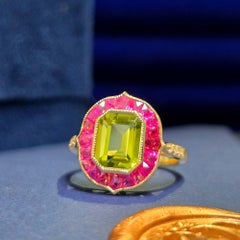 Peridot and Pink Ruby Art Deco Style Target Ring in 18K Yellow Gold