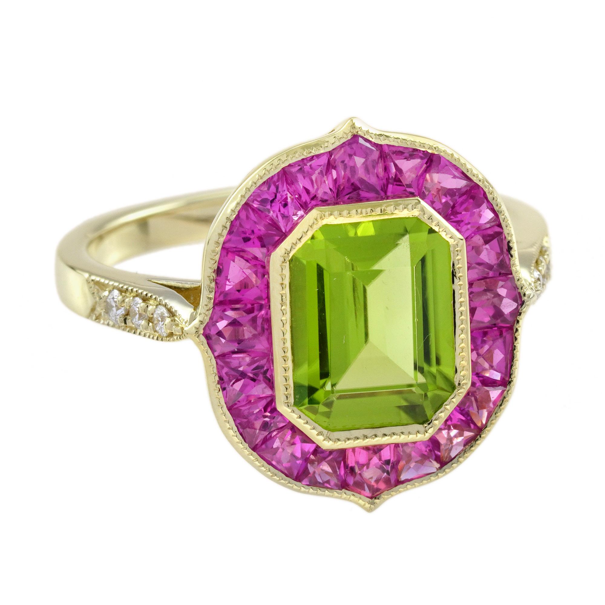Bague cible de style Art déco en or jaune 18 carats, péridot et rubis rose Neuf - En vente à Bangkok, TH