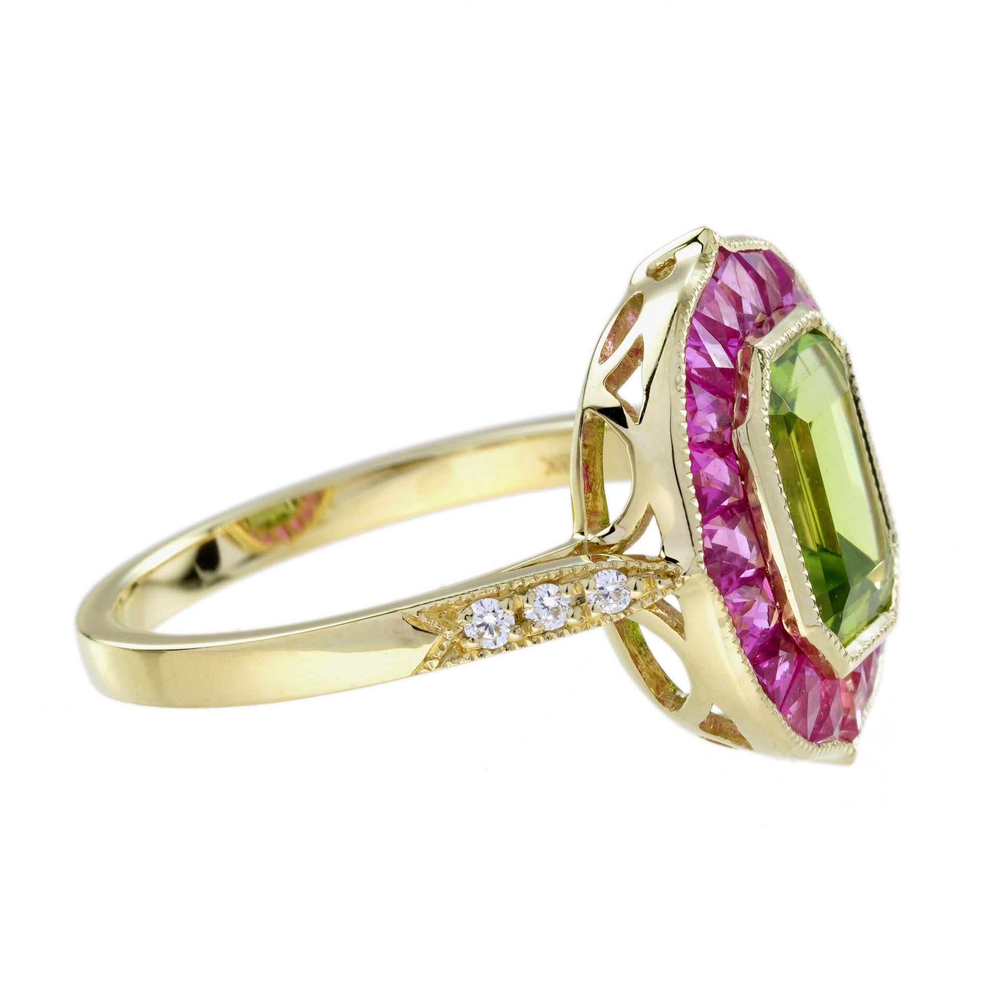 Bague cible de style Art déco en or jaune 18 carats, péridot et rubis rose Pour femmes en vente