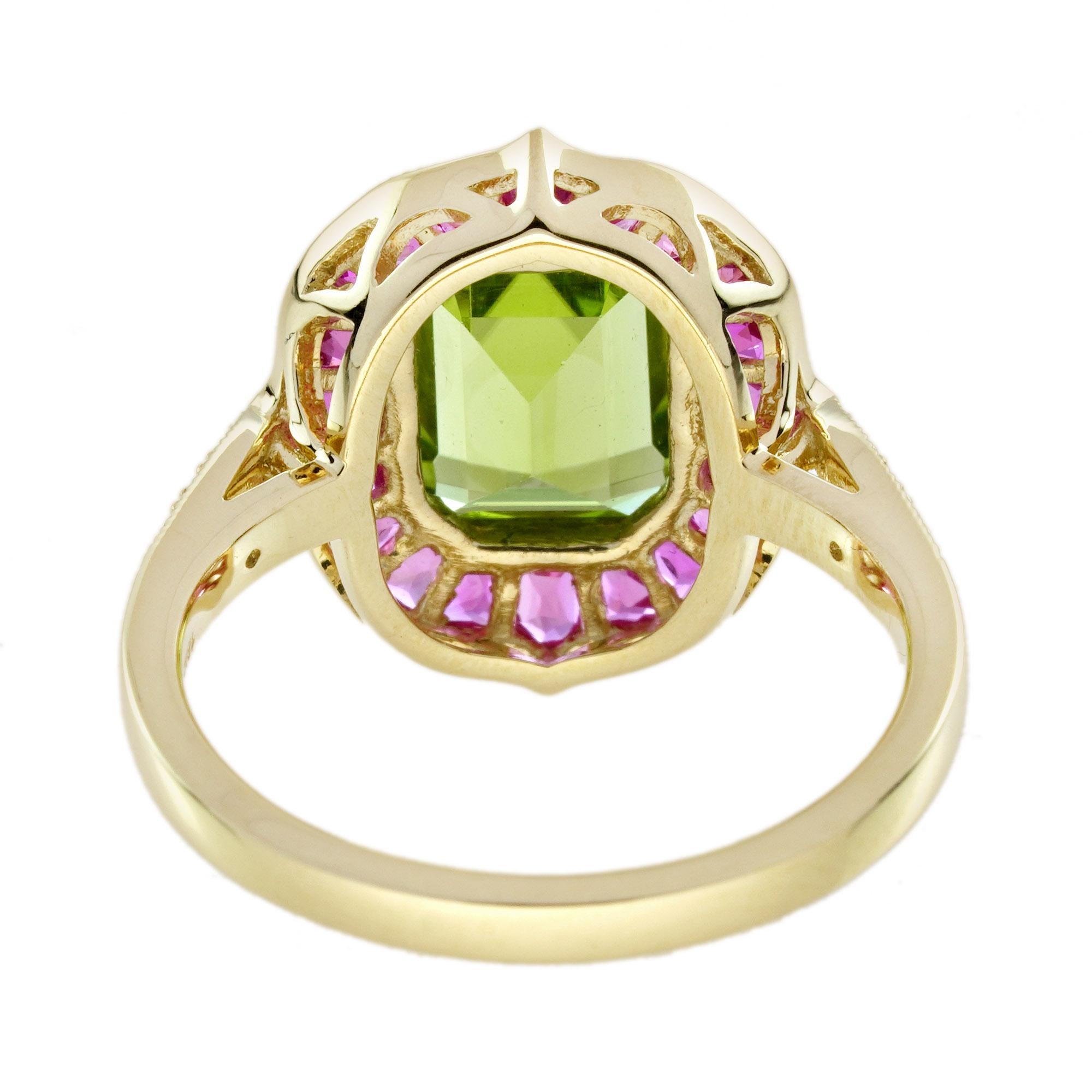 Bague cible de style Art déco en or jaune 18 carats, péridot et rubis rose en vente 1