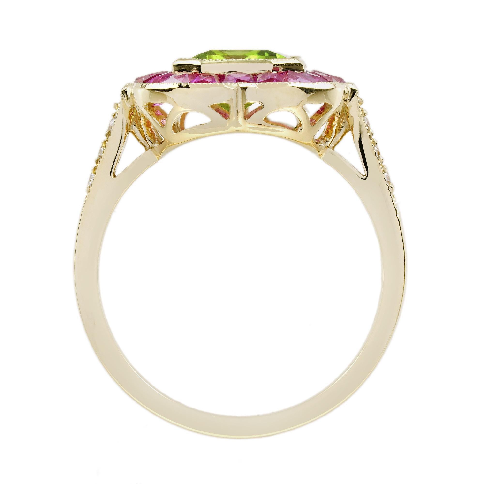 Bague cible de style Art déco en or jaune 18 carats, péridot et rubis rose en vente 2