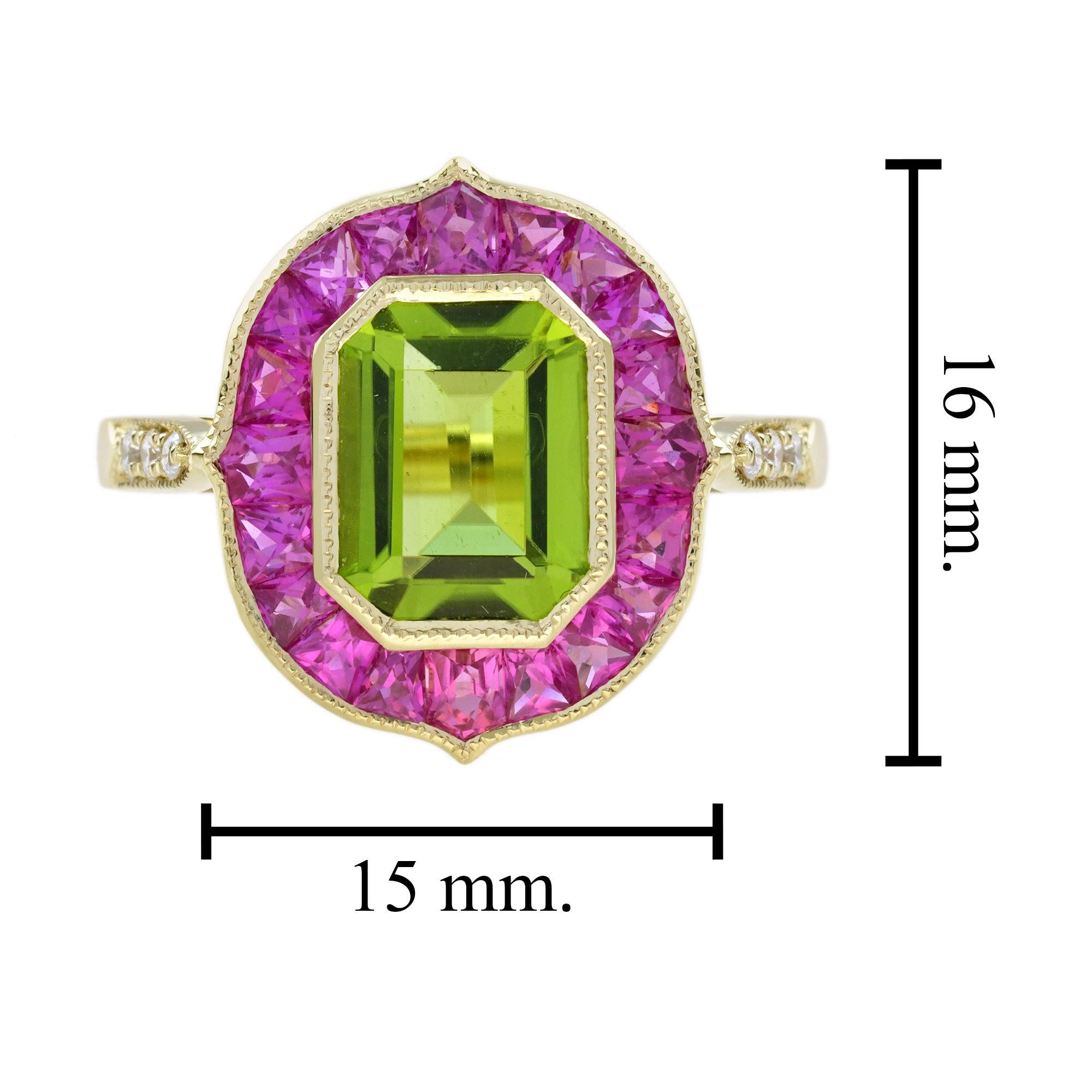 Bague cible de style Art déco en or jaune 18 carats, péridot et rubis rose en vente 3