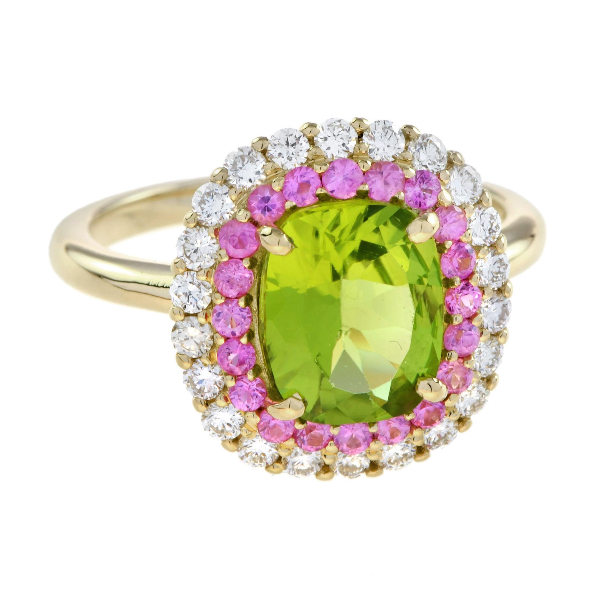 Anillo Halo de Diamantes Peridoto y Zafiro Rosa en Oro Amarillo de 14 K Art Decó en venta
