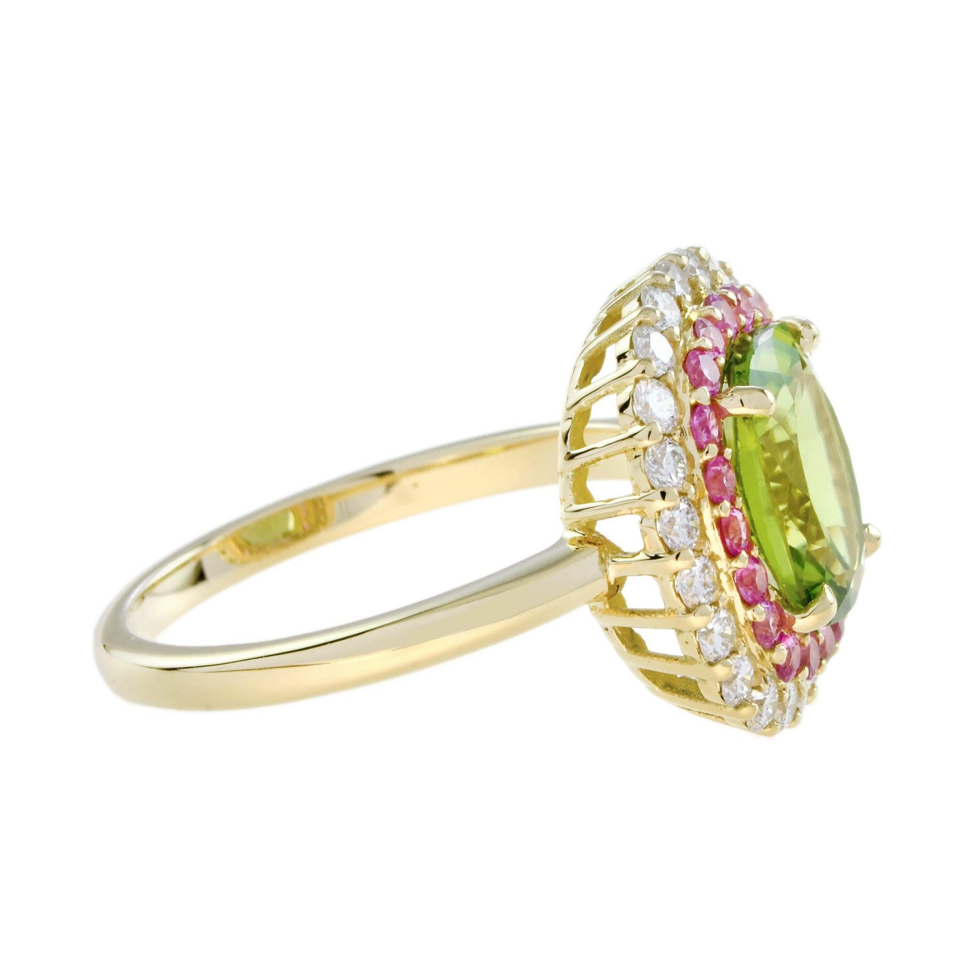 Anillo Halo de Diamantes Peridoto y Zafiro Rosa en Oro Amarillo de 14 K Corte cojín en venta