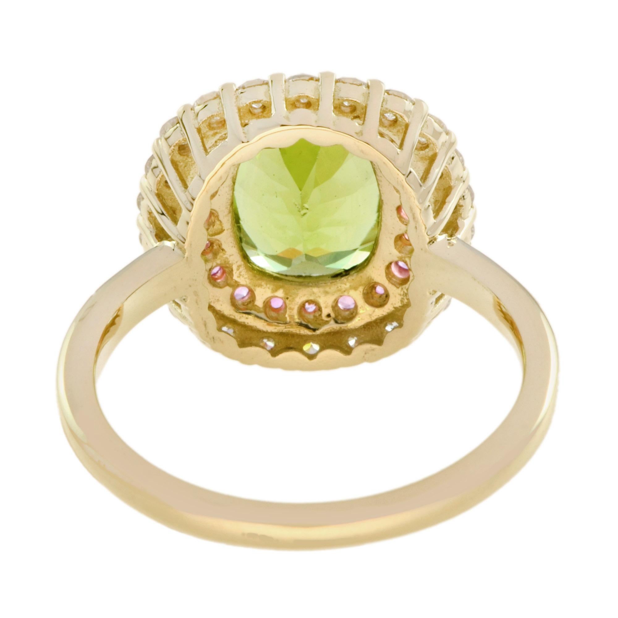 Anillo Halo de Diamantes Peridoto y Zafiro Rosa en Oro Amarillo de 14 K en Nuevo estado para la venta en Bangkok, TH