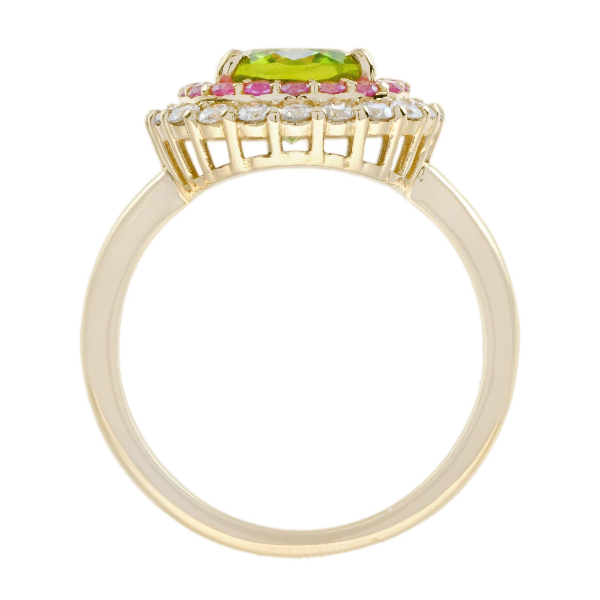 De las mujeres Anillo Halo de Diamantes Peridoto y Zafiro Rosa en Oro Amarillo de 14 K en venta