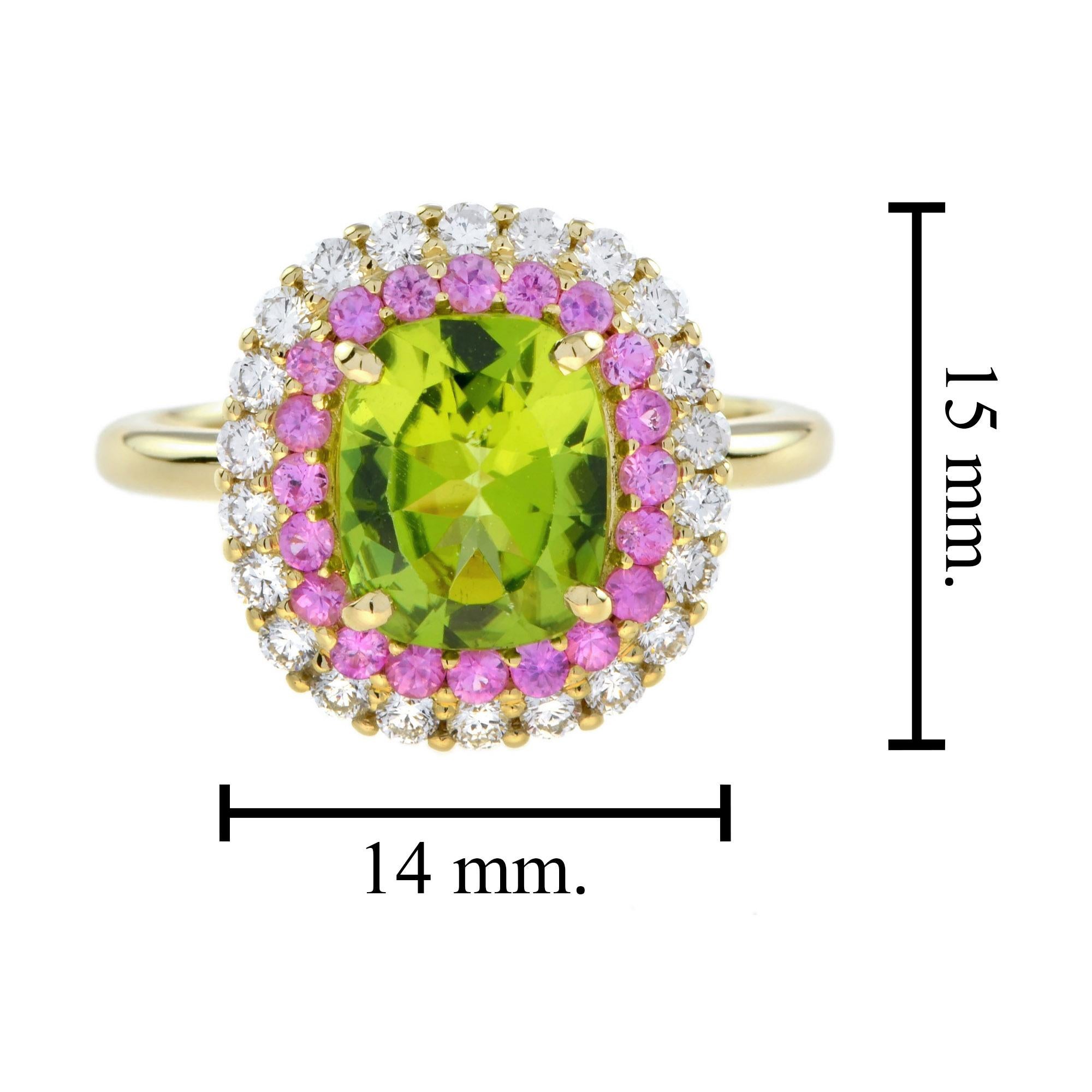 Anillo Halo de Diamantes Peridoto y Zafiro Rosa en Oro Amarillo de 14 K en venta 1