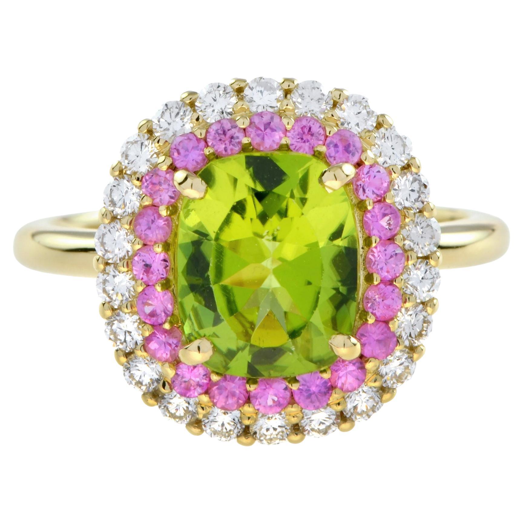Anillo Halo de Diamantes Peridoto y Zafiro Rosa en Oro Amarillo de 14 K en venta