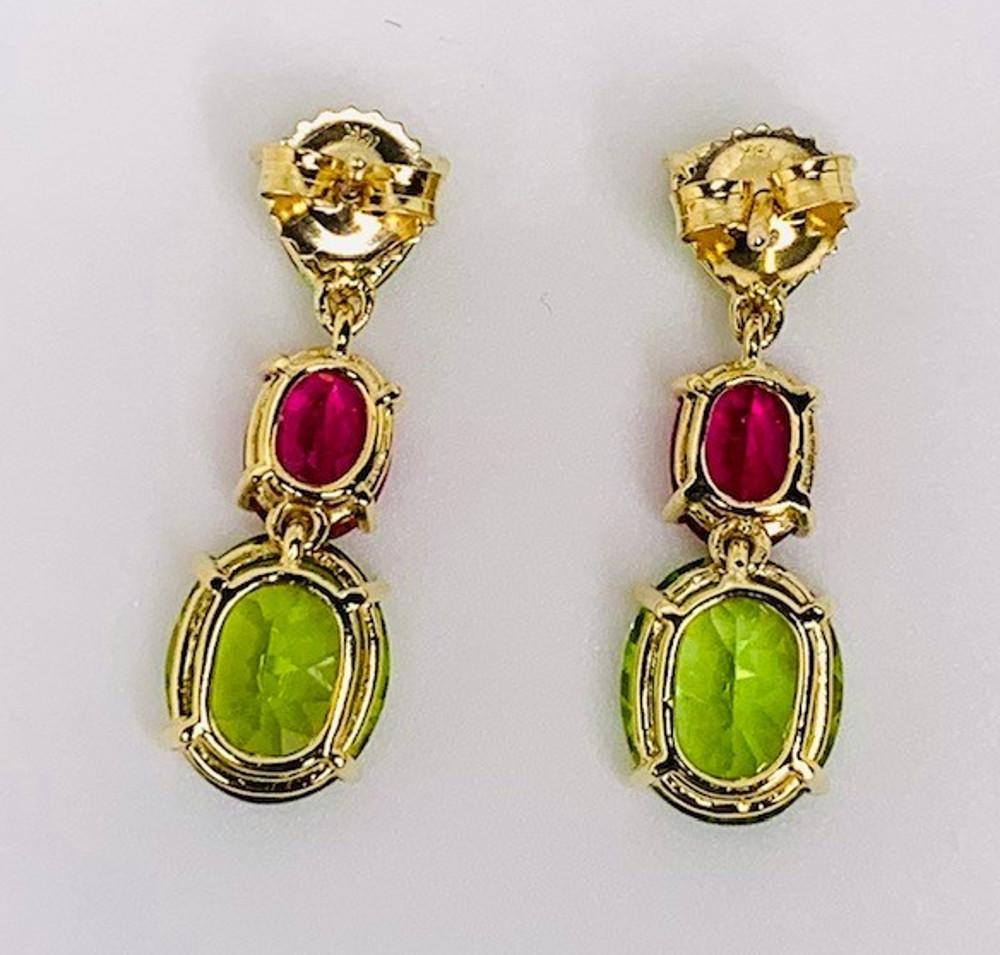 Women's Peridot & Pink Rubellite Tourmaline 3-Stone 18k Yellow Gold Dangle Drop Earrings