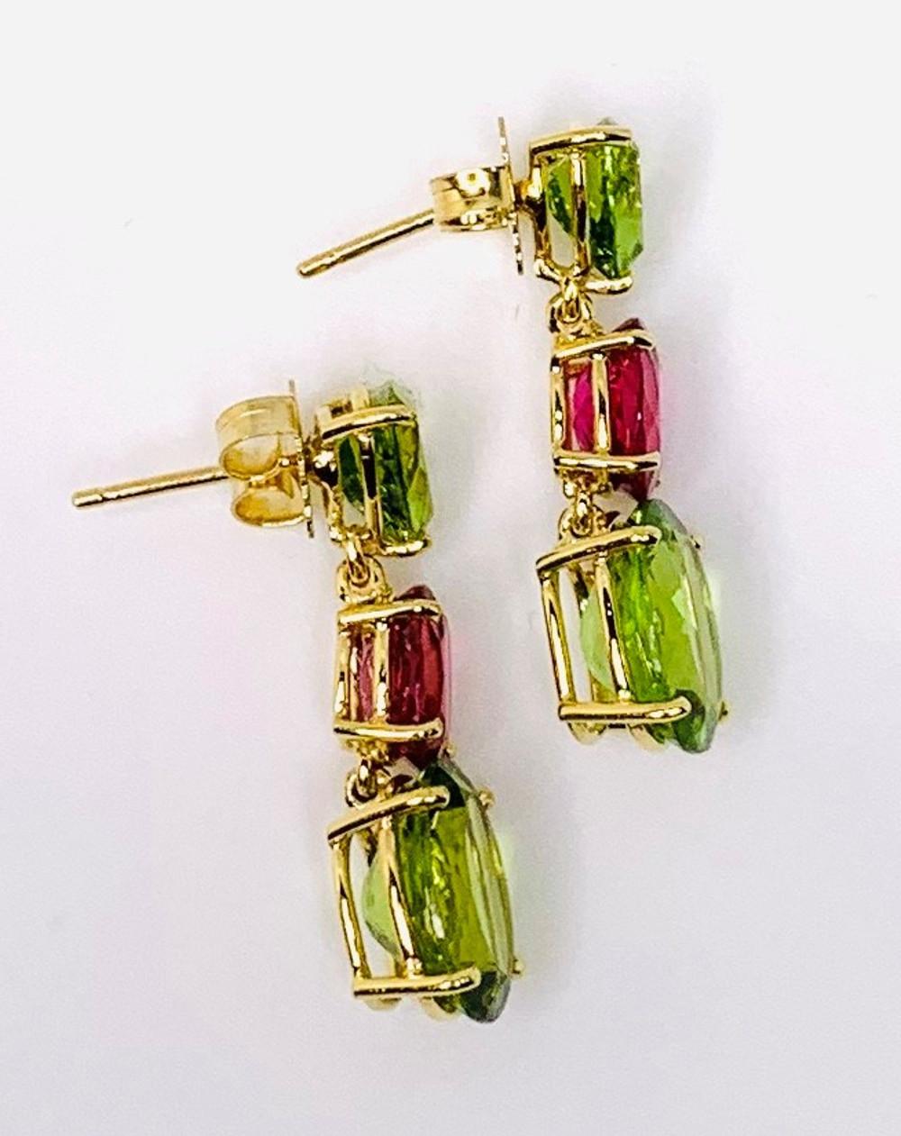 Peridot & Pink Rubellite Tourmaline 3-Stone 18k Yellow Gold Dangle Drop Earrings 1