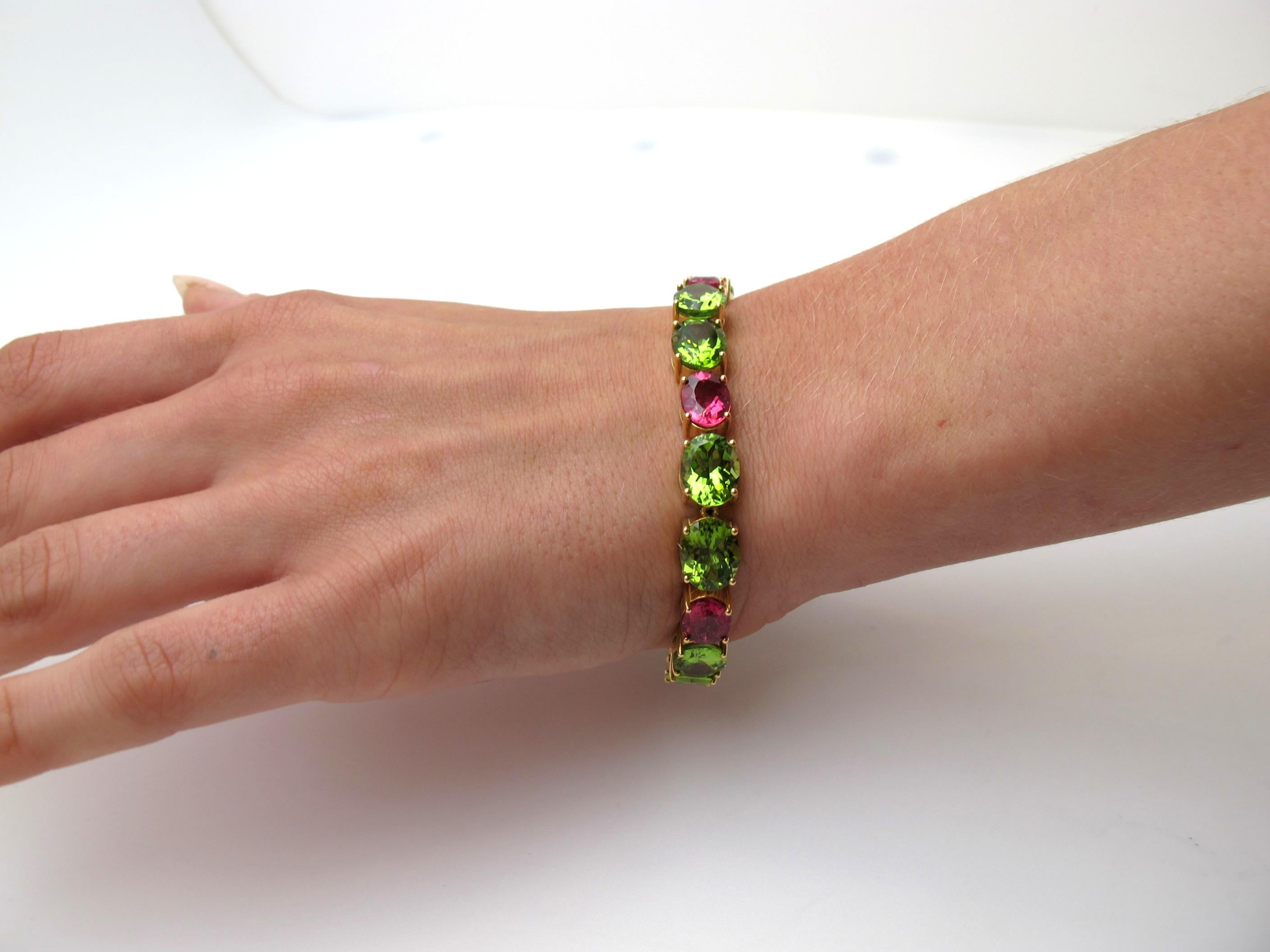 Peridot & Pink Tourmaline, Yellow & Rose Gold Tennis Bracelet, 42 Carats Total 6