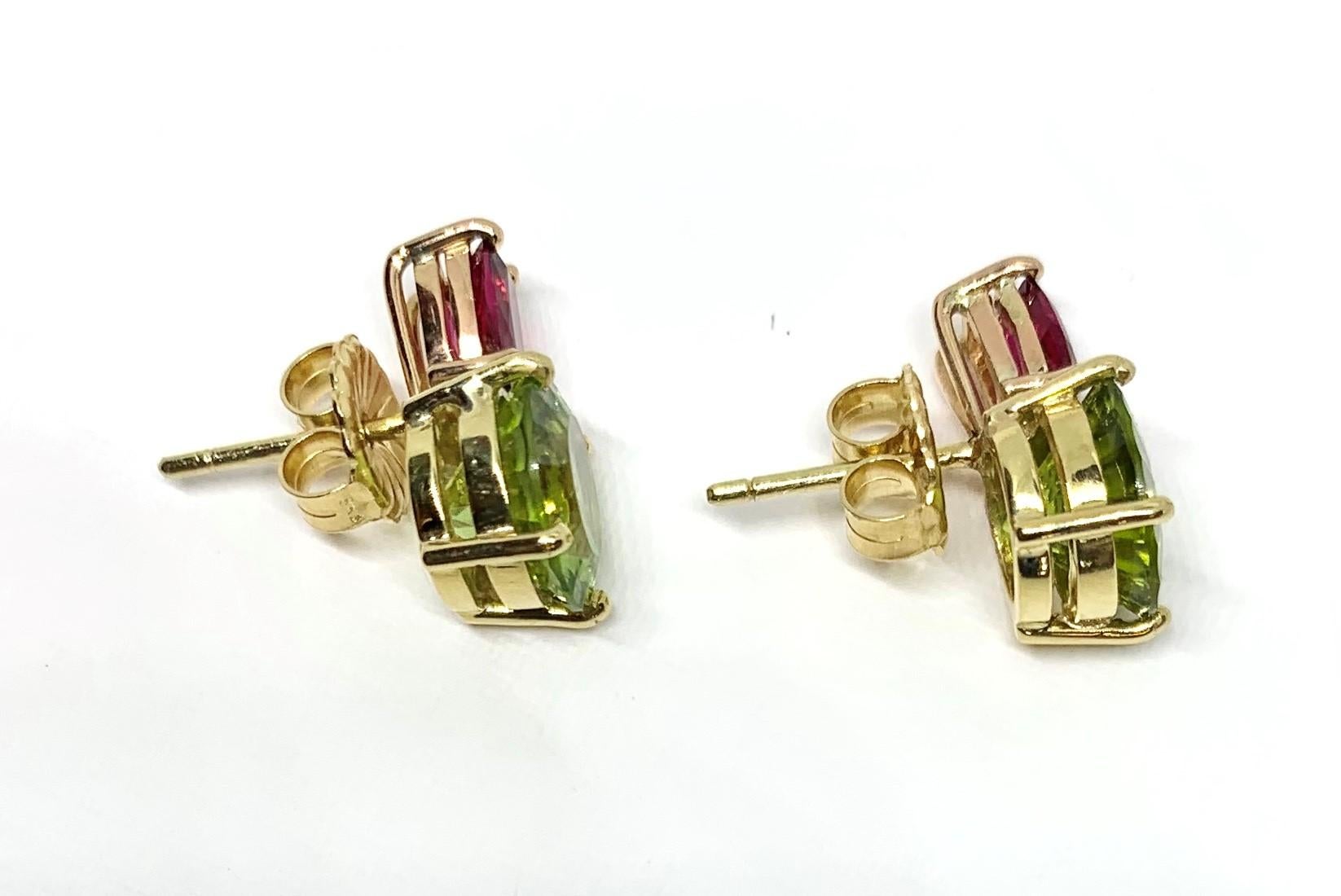 Round Cut Peridot Round & Hot Pink Tourmaline, 18k Yellow and Rose Gold Stud Drop Earrings