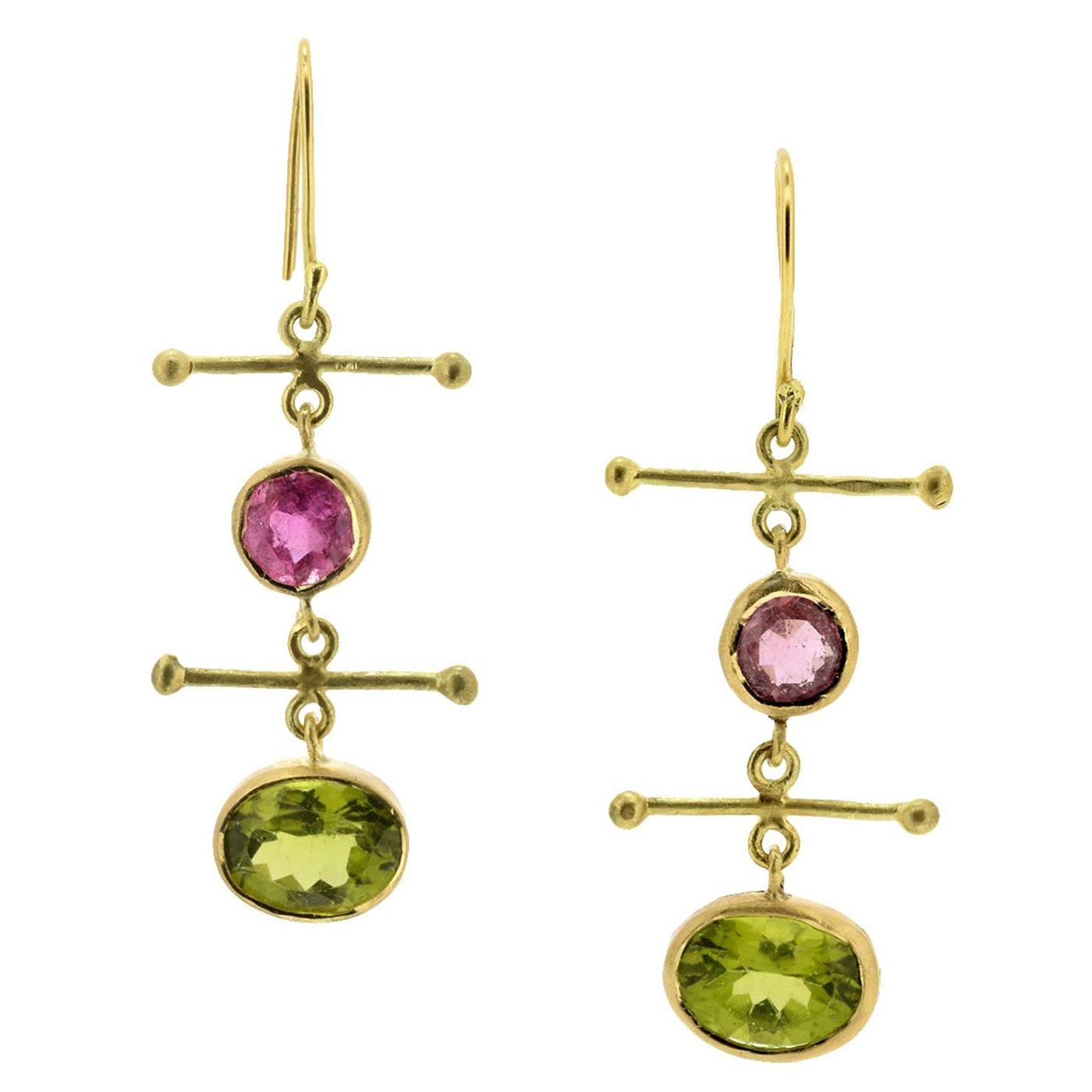 Peridot and Pink Tourmaline Gold Cross Bar Earrings For Sale