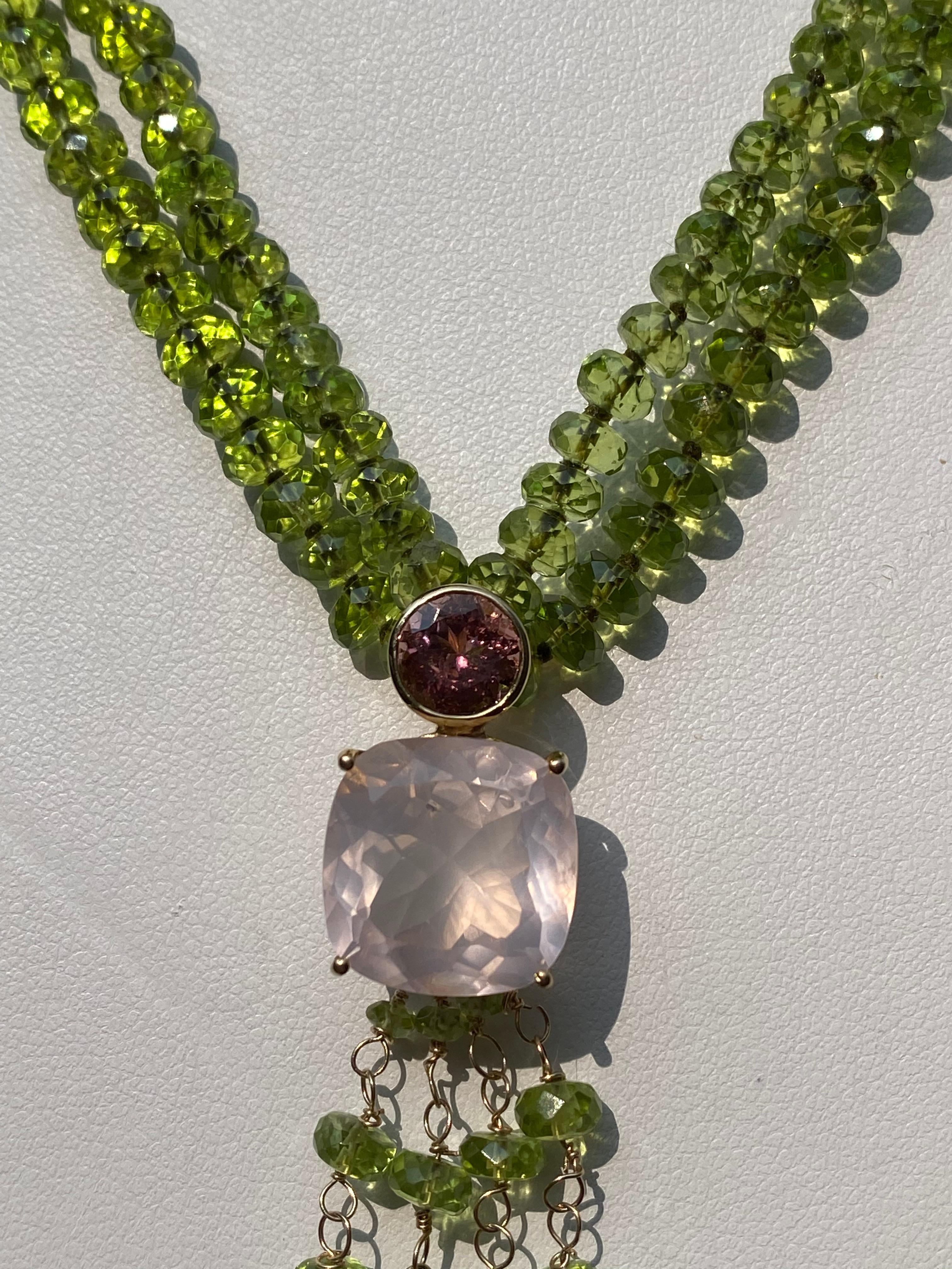 Contemporary Peridot and Pink Tourmaline Trendel Necklace in 18 Karat Gold
