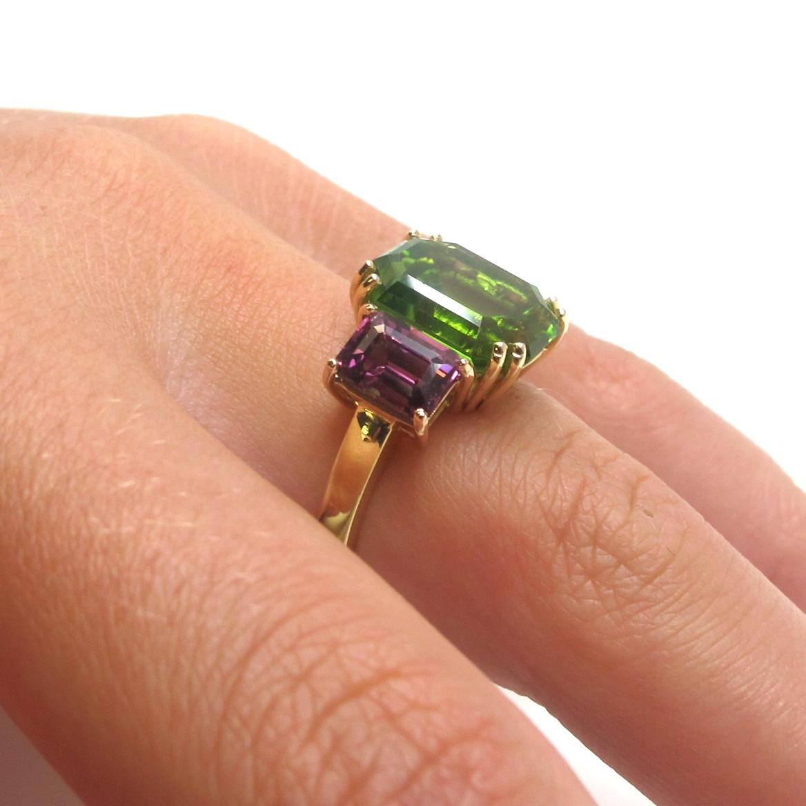 6.77 Carat Peridot, Pink Rhodolite Yellow and Rose Gold 3Stone