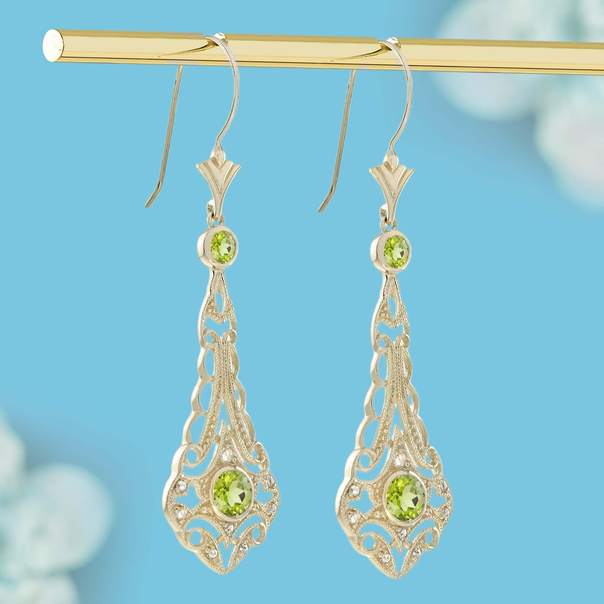Edwardian Peridot and Rose Cut Diamond Filigree Dangle Earrings in Solid 9K Gold For Sale