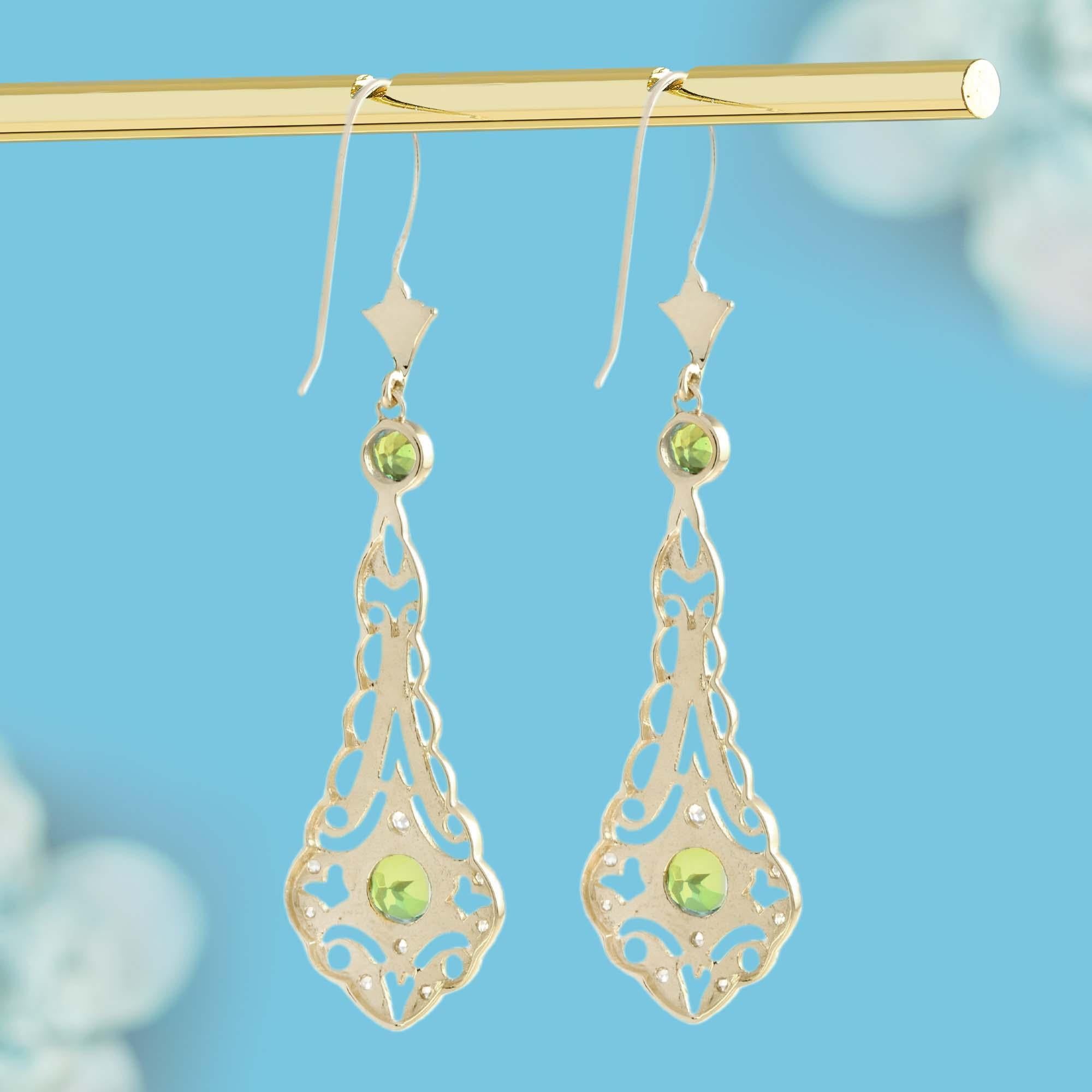Round Cut Peridot and Rose Cut Diamond Filigree Dangle Earrings in Solid 9K Gold For Sale