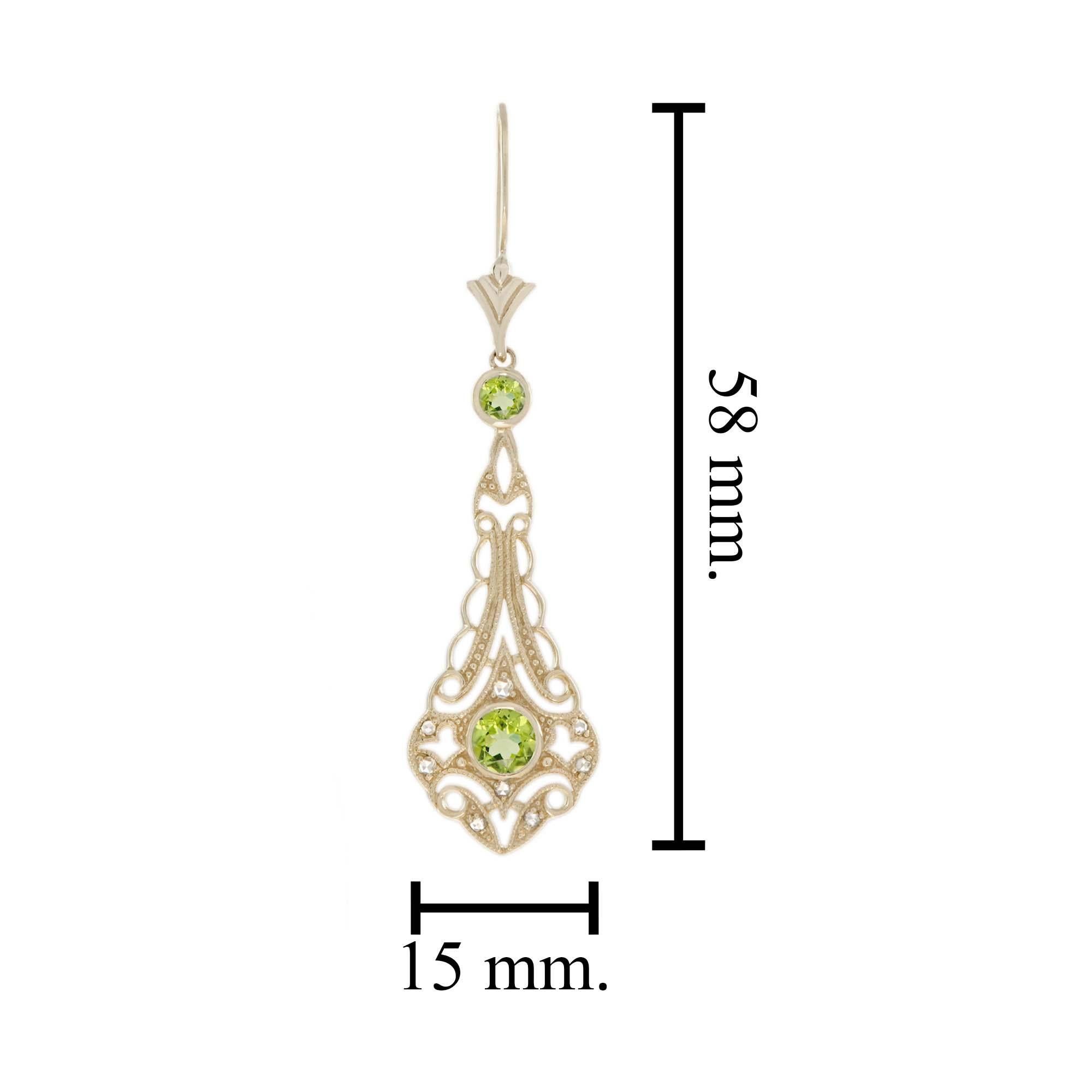 Peridot and Rose Cut Diamond Filigree Dangle Earrings in Solid 9K Gold In New Condition For Sale In Bangkok, TH