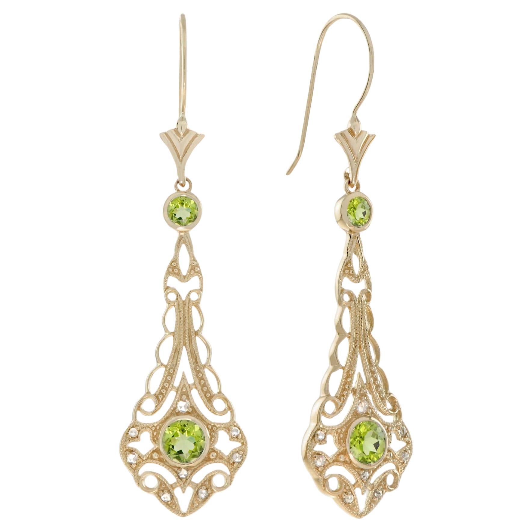 Peridot and Rose Cut Diamond Filigree Dangle Earrings in Solid 9K Gold For Sale