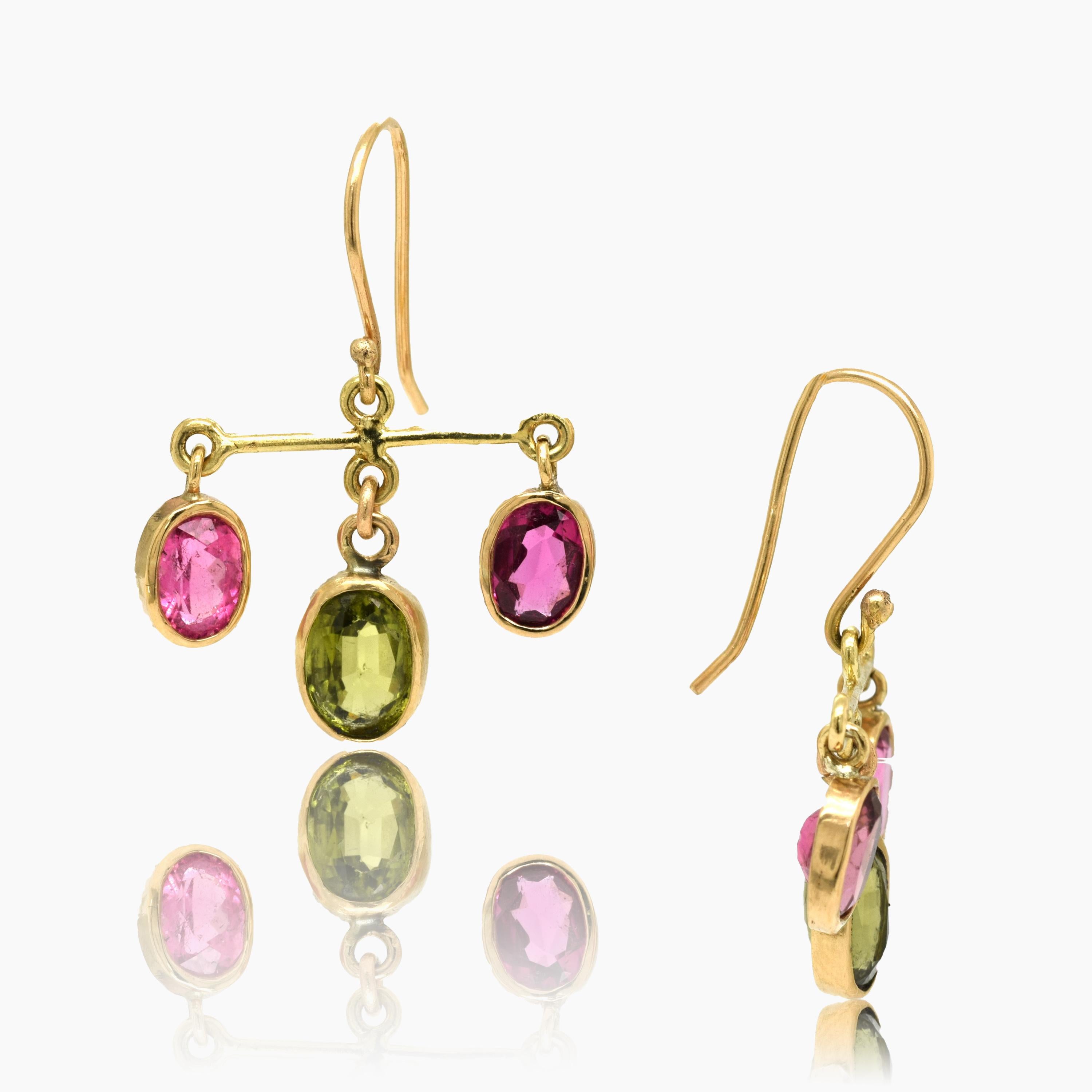 Pink and Green -- Peridot coupled with faceted oval Rubellites.   All on 18K gold, hand fabricated using recycled gold.  Measure 1