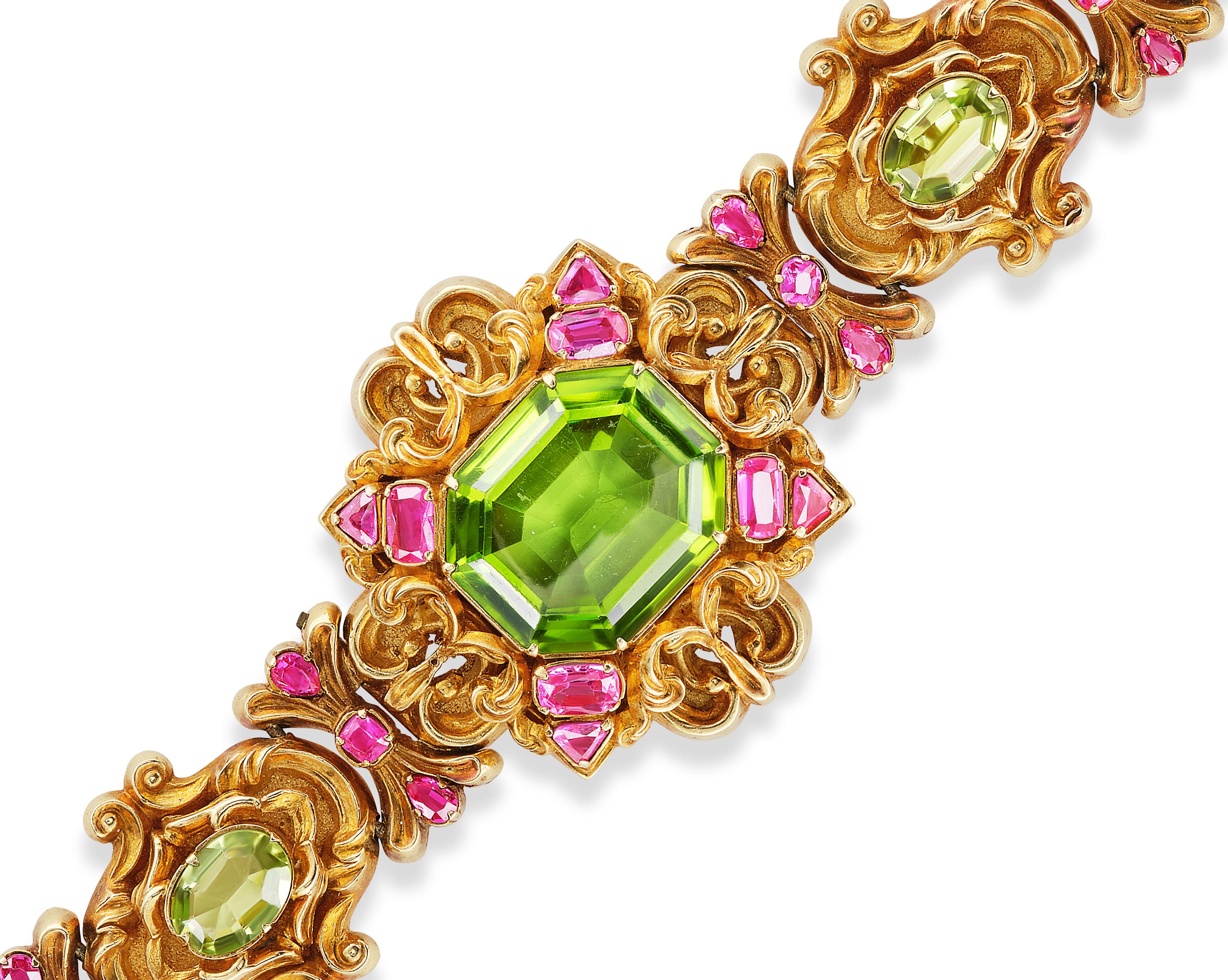 Peridot und Rubin 14K Gold georgianisches Armband (Georgian) im Angebot