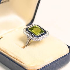 Peridot and Sapphire Ring. 3.70ct Peridot Sapphire Diamond Halo Ring Platinum