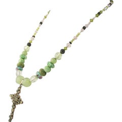 Exolette Peridot & Silver Cross on Green Stone and Handmade Glass Bead Necklace