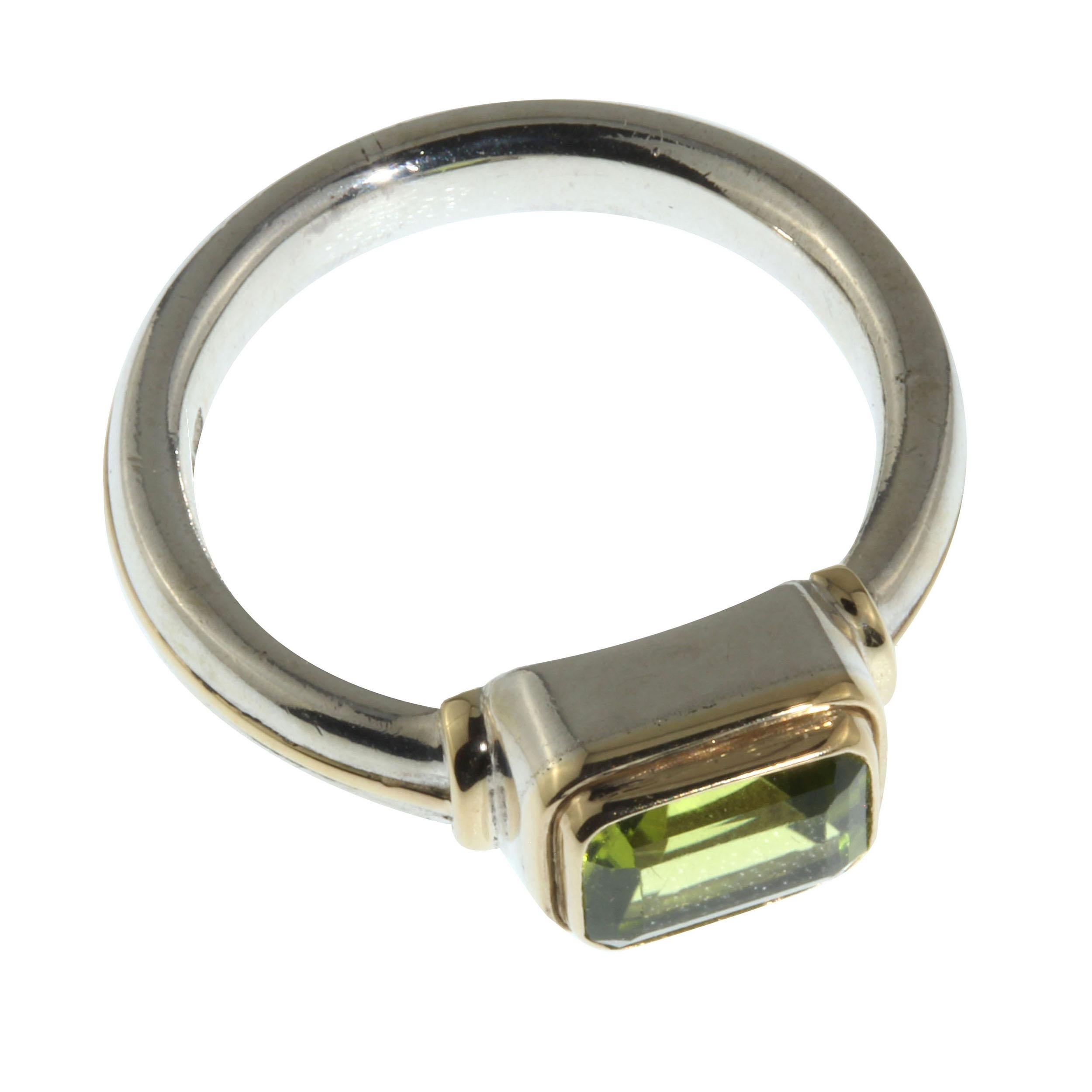 Artist Gemjunky Peridot and Sterling Silver Ring with 18 Karat Gold Accents